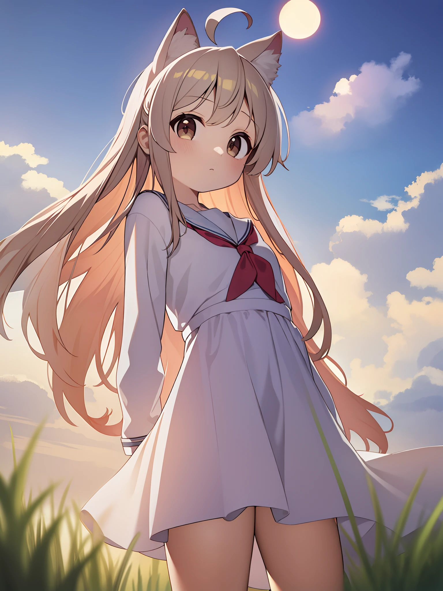 masterpiece,best quality,official art,extremely detailed CG unity 8k wallpaper, in a meadow, beautiful detailed sky, incredibly_absurdres, girl, brown eyes, small breasts, sailor suite, no legwear, arms behind back ,pink cat ears,oyamamahiro,loli,yokozuwari,pink hair