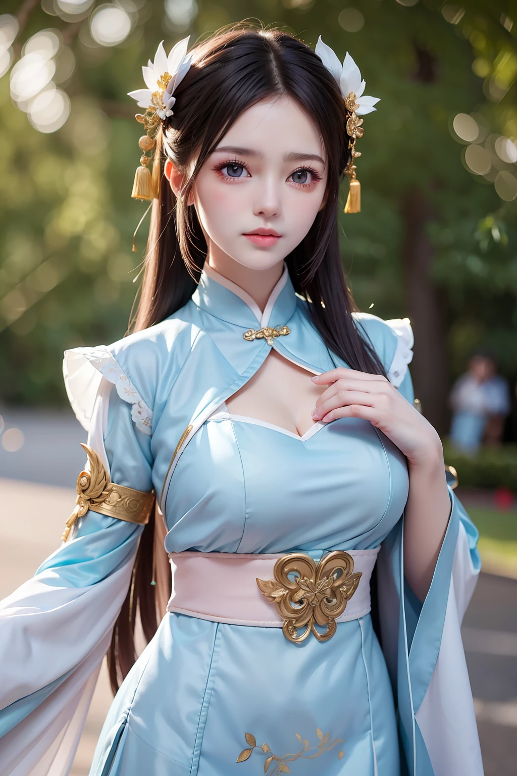 ((best quality)), ((masterpiece)), (detailed), Perfect face,Hanfu beauty, Thin purple silk shirt,White,Various textures, White蕾丝上衣, Platinum purple long ponytail, Hair accessories, earrings, Necklaces and necklaces, Carefully drawn large purple eyes, Detailed makeup, Thin eyebrows, high nose, Lovely red lips, No smile, purse lips, blush, broad mind, Large Breasts , Well-proportioned breasts, Slim waist, Purple fishnet socks, Chinese Hanfu style, Fictional art texture, Bright colors、Lifelike, original photo, Realistic photos, Ultra-high quality 8K hyper-realistic photos, (Effective fantasy lighting effects: 1.8), 10x pixel, Magic Effects (background): 1.8), super detailed eyes, Girl full body portrait, Solo Girl