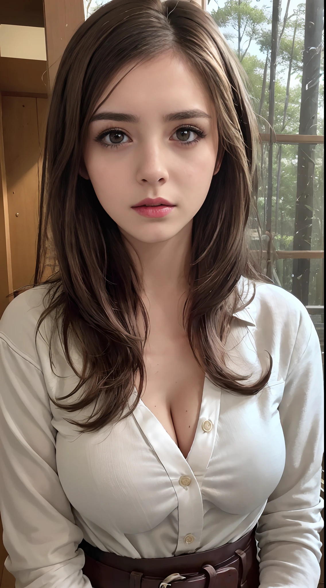 ((Realistic lighting、top-quality、8K、​masterpiece:1.3))、Clear focus:1.2、1girl in、Perfect Body Beauty:1.4、Glamour body type、((dark brown  hair、Colossal tits:1.4))、Street、Super fine face、finely eye、dropping eyes、long and abundant lashes、Moist eyes、big eye、thick and plump lips、二重まぶた、Specific girls、Solo Woman、Wear an oversized button-down shirt as a dress、Campfire in the forest
