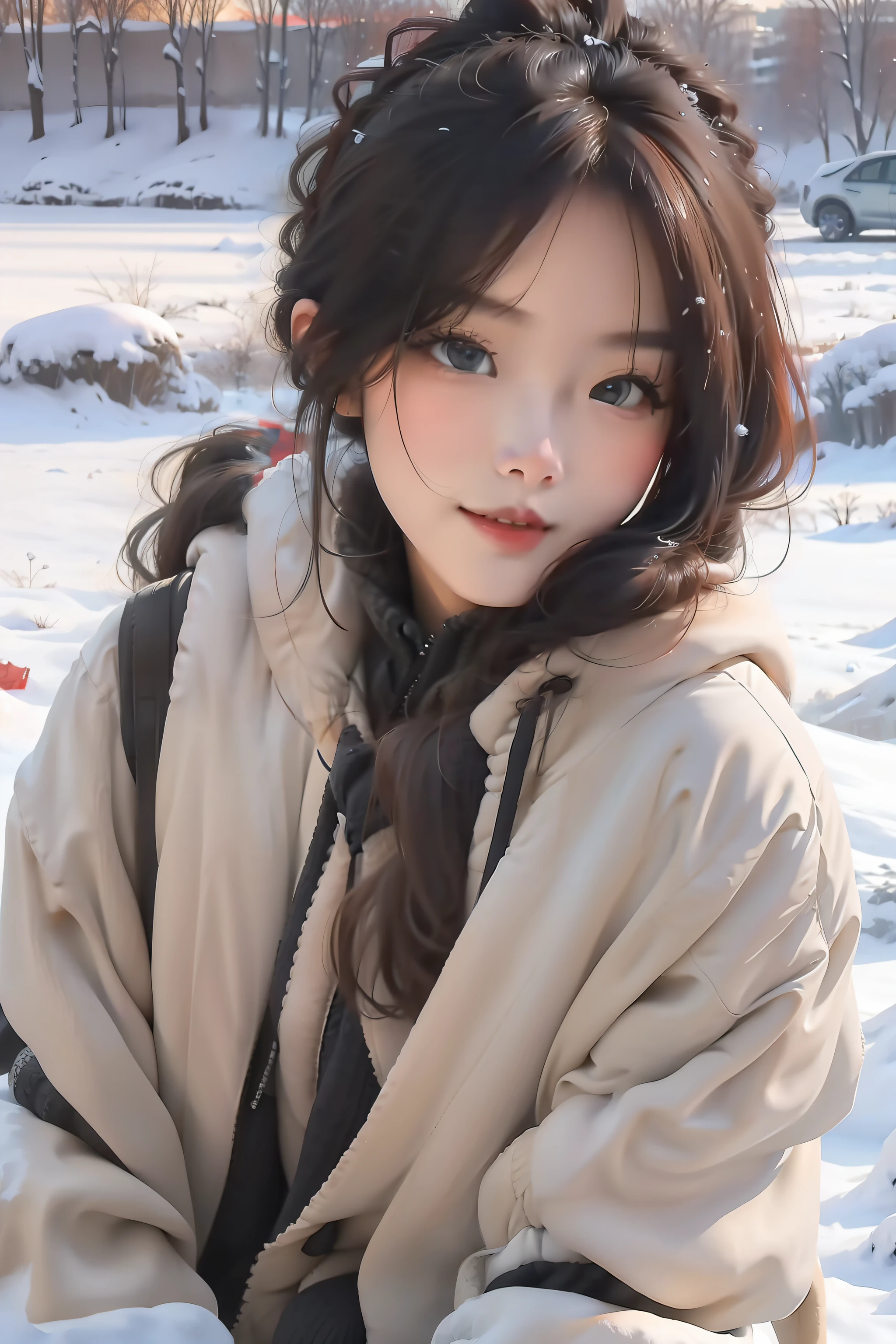 The background is in a field of snow、The sexy girl with a charming posture lies on the ground, Her eyes are full of sexiness