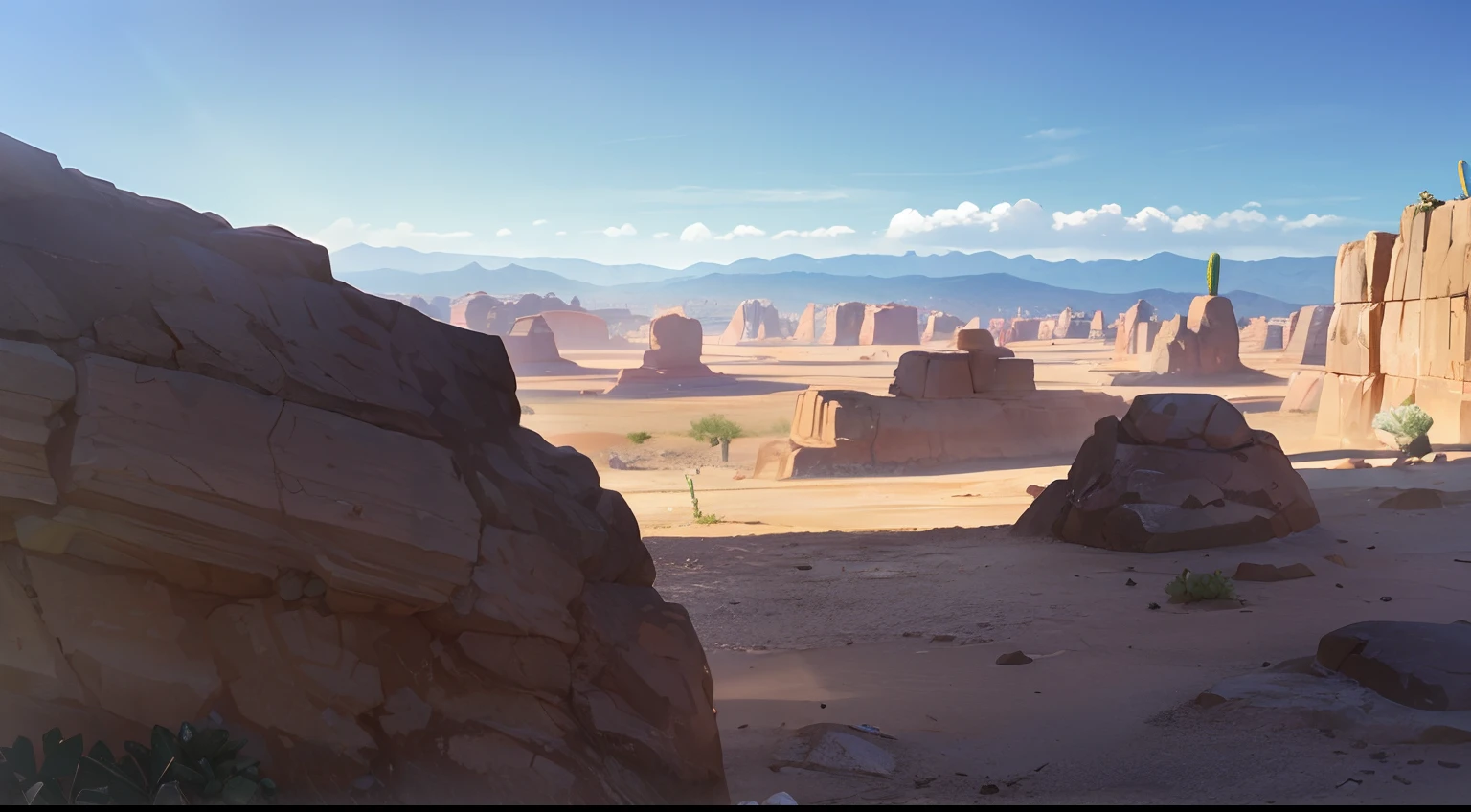 A daytime rocky desert, reddish-brown gigantic rocks, few cacti, traces of a dried-up river.
