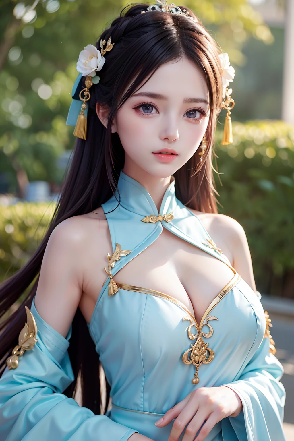 nfsw,best quality,illustration, an extremely delicate and beautiful, extremely detailed ,CG ,unity ,8k wallpaper, Amazing, finely detail, masterpiece,best quality,official art, ,ultra-detailed, highres,beautiful detailed girl, extremely detailed eyes and face,light on face,cute, (MAKEUP),1 girl,20 years old,(large breasts, :1.1),narrow waist,chinese clothes,Detailed outdoor,(blurry_background:1.4),.