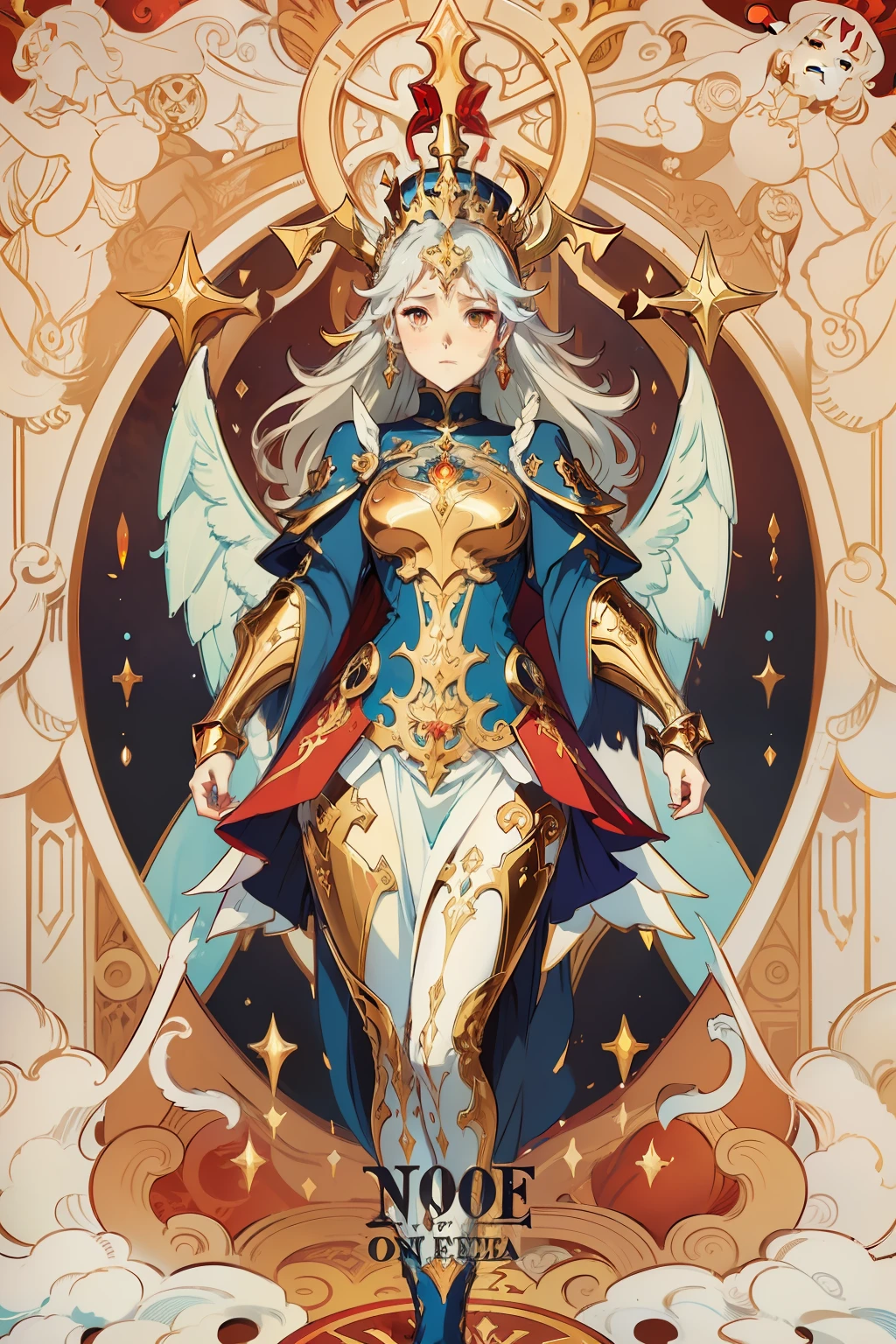 arafed image of a demon girl with a big crown on he head, alphonse mucha and rossdraws, mucha style 4k, artgerm mucha, korean art nouveau anime, portrait knights of zodiac girl, goddess. extremely high detail, anime fantasy illustration, detailed digital anime art, gorgeous goddess of leo, anime art nouveau, talor liner, stick liner, clear line. perfect post leg and shose. backgourd no face. red gold blue outfit, a demon girl. big evil wings flying behide girl.