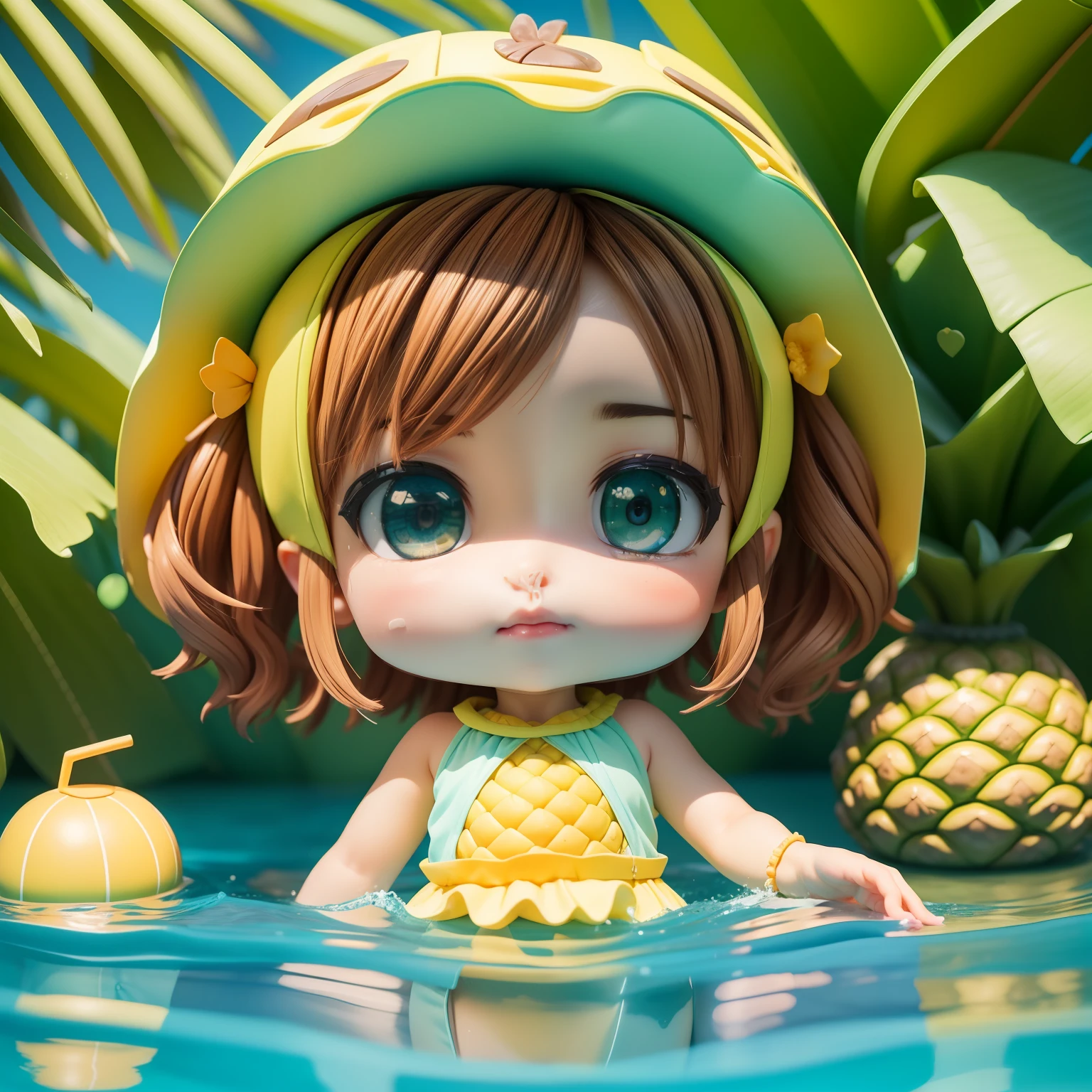 05
(((chibi 3d))) (Best Quality), (masutepiece) Chibi Anime Deformed Style,Wavy bob style with brown hair,bluish green eyes, Mimeigo swimsuit, kids, PineApple Separate Outerwear, Pants, pineapple hat, 3-piece set, halterneck, Fruit Pattern, bikini of, Swimming, frilld, Girls' swimwear, Trip, Water play, Pool, Cute,Pineapple really.Close-up Face.