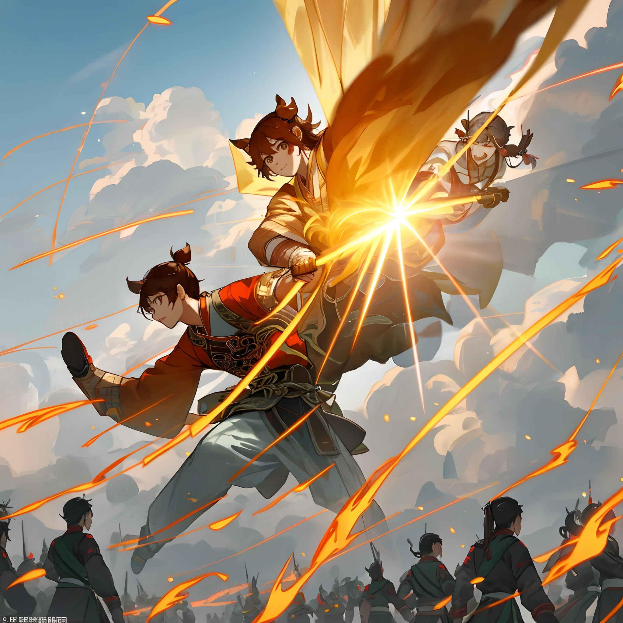 Sun Wukong flew towards the South Heavenly Gate in a somersault cloud;100,000 heavenly soldiers are waiting for the battle;nezha,Li Jing stood in front of the formation;