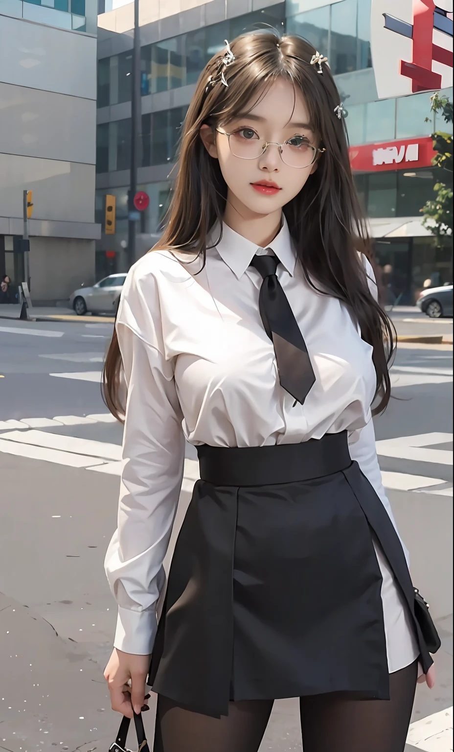 ulzzang-6500-v1.1, (raw photo:1.2), (photorealistic:1.4), beautiful detailed girl, very detailed eyes and face, beautiful detailed eyes, ridiculous, incredibly ridiculous, huge file size, super detailed, high resolution, very detailed, best quality, masterpiece, ((fashion clothing with diverse colors)), illustration, very detailed, CG, unified, 8k wallpaper, amazing, fine detail, masterpiece ,best quality, very detailed CG uniform 8k wallpaper, light on face, movie lighting, 1girl, , long white hair, side splits, (big breasts), ()), (glasses), ((dynamic pose))), ((sexy pose))), (camel toe), (half), (pantyhose)), ((black hip skirt))