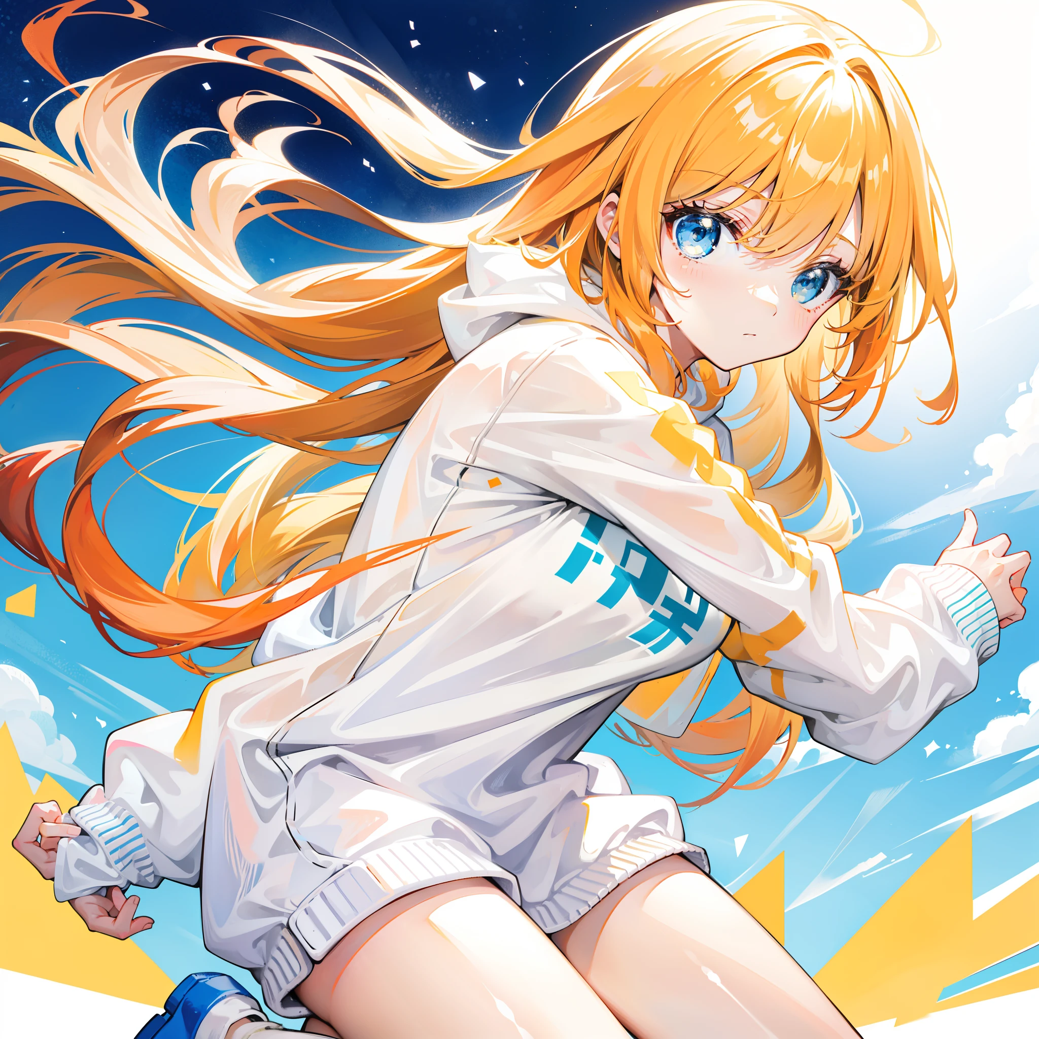 Bright shiny light yellow-orange hair,Wears a simple, Loose, Clean,White,Clean light blue sweatshirt,Milky white feeling,Looks like a cute sweet girl