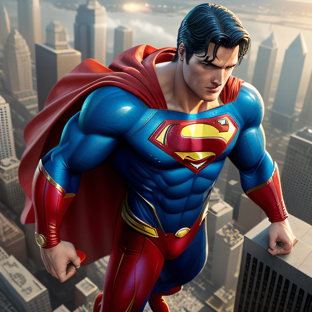 As the sun's rays bathe the city below, Superman hovers high above, his cape fluttering in the wind. His sharp gaze scans the landscape, ever vigilant for any signs of danger or distress. Suddenly, his superhuman hearing picks up the sound of a distant cry for help. In a blur of motion, he streaks across the sky, a symbol of hope and justice for all.