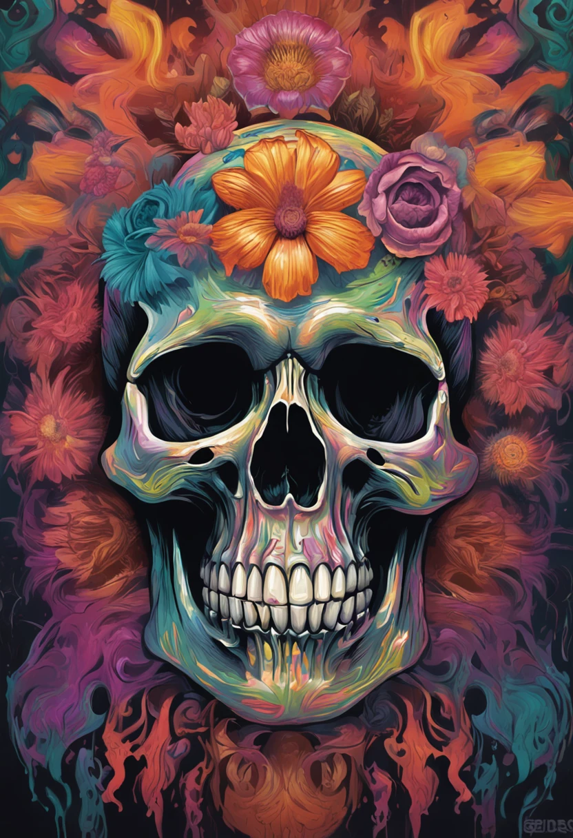 a close up of a skull with a flower on its head, fantasy skull, scary detailed art in color, scary color art in 4 k, sacred skull, conjuring psychedelic background, detailed digital artwork, calavera, sacred skulls, psychedelic illustration, sugar skull, skull face, death skull, scary art in color, skull liminal void background, psychedelic art style