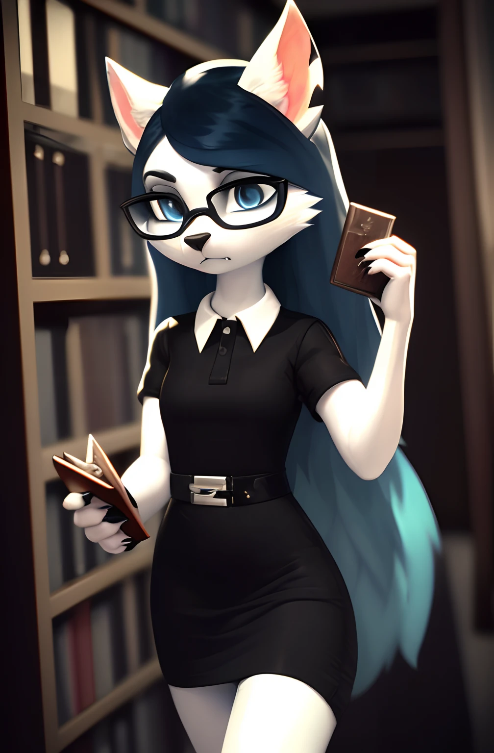 [Claire (the summoning)], [Uploaded to e621.net; (Pixelsketcher), (wamudraws)], ((masterpiece)), ((1girl)), ((solo portrait)), ((full body)), ((furry; anthro)), ((detailed fur)), ((detailed shading)), ((beautiful 3D art)), {anthro; (white fur, black nose), long blue hair, (bang over left eye), dark blue slit eyes, (black claws)}, {(short sleeve black white-collared shirt), (tight short bodycon dress), (white belt), (silver belt buckle)}, {(walking), (holding closed book at side), (holding up glasses on face)}, [background; (library), (bookshelf)]