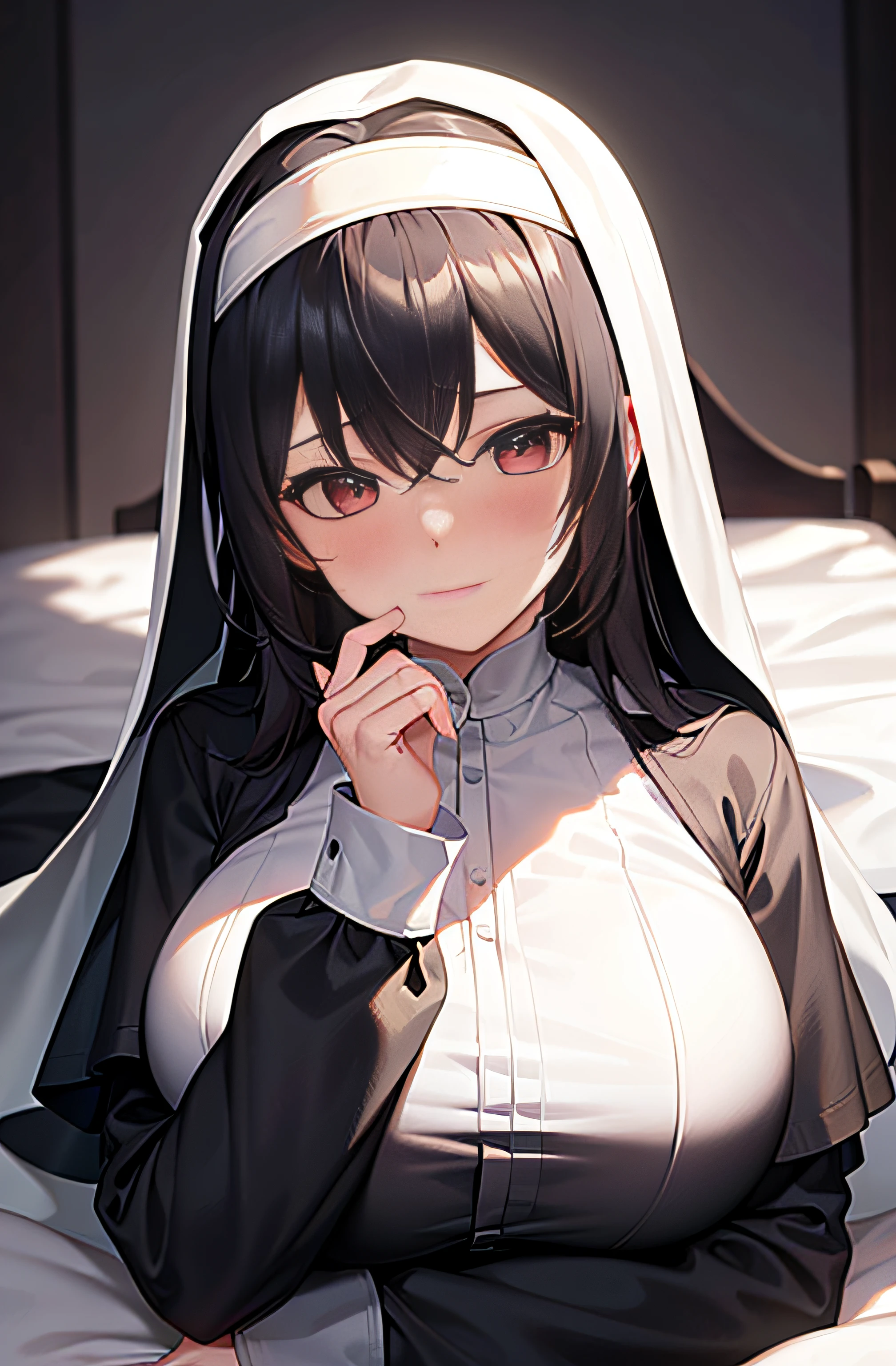 1 woman, a nun posing for a picture in bedroom, (black hair, red eye color, cat pupils), blushed face, long nun outfit, big breast, a picture by void_0, pixiv, anime girls, seductive smile while unbutton her shirt, (beautiful detailed eyes:1.6), extremely detailed face, perfect lighting, extremely detailed CG, (perfect hands, perfect anatomy).