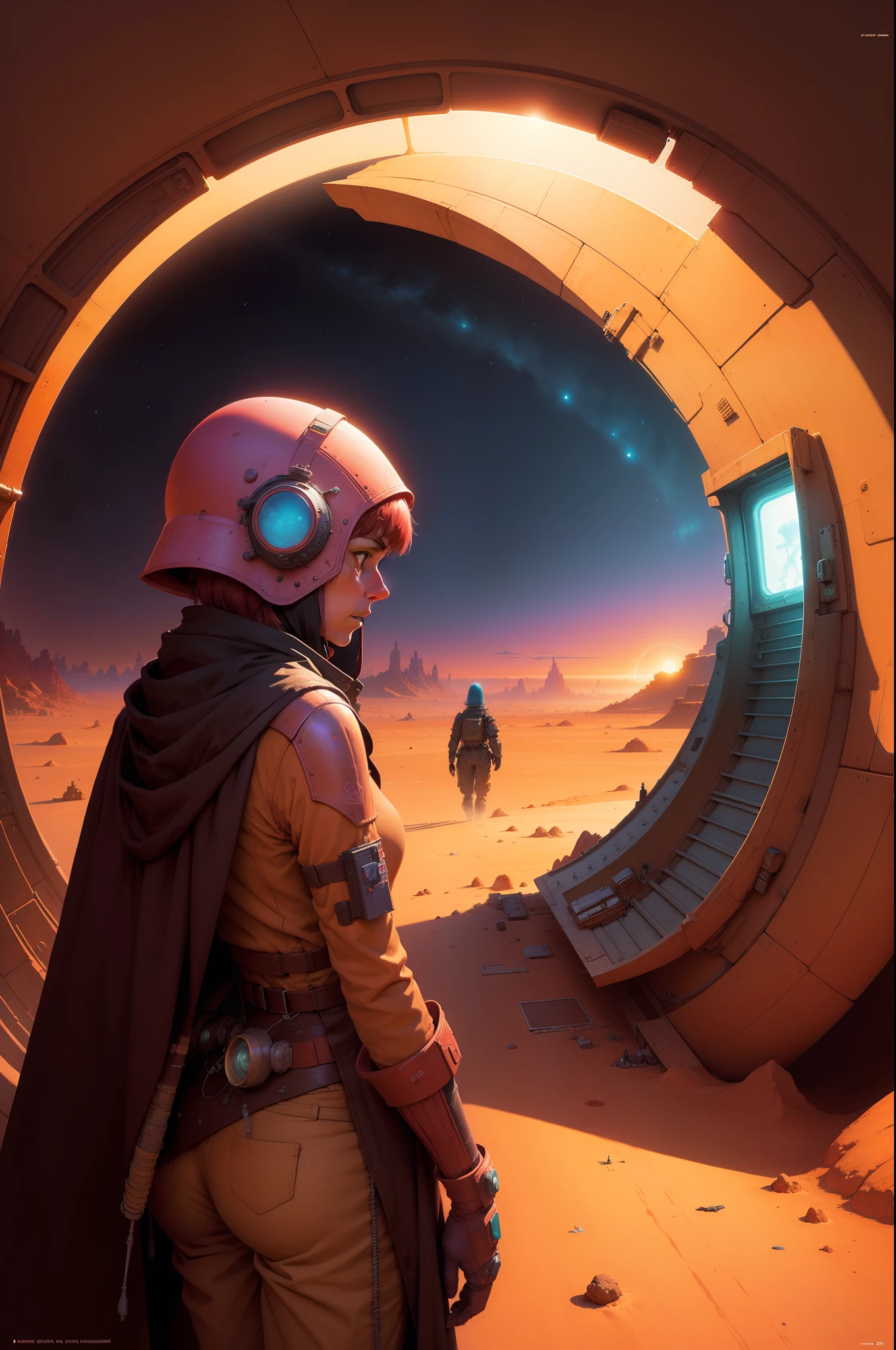 arte de Moebius e Paul Lehr e Ian McQue depicitando monge ciborgue no deserto --estilo Scifi