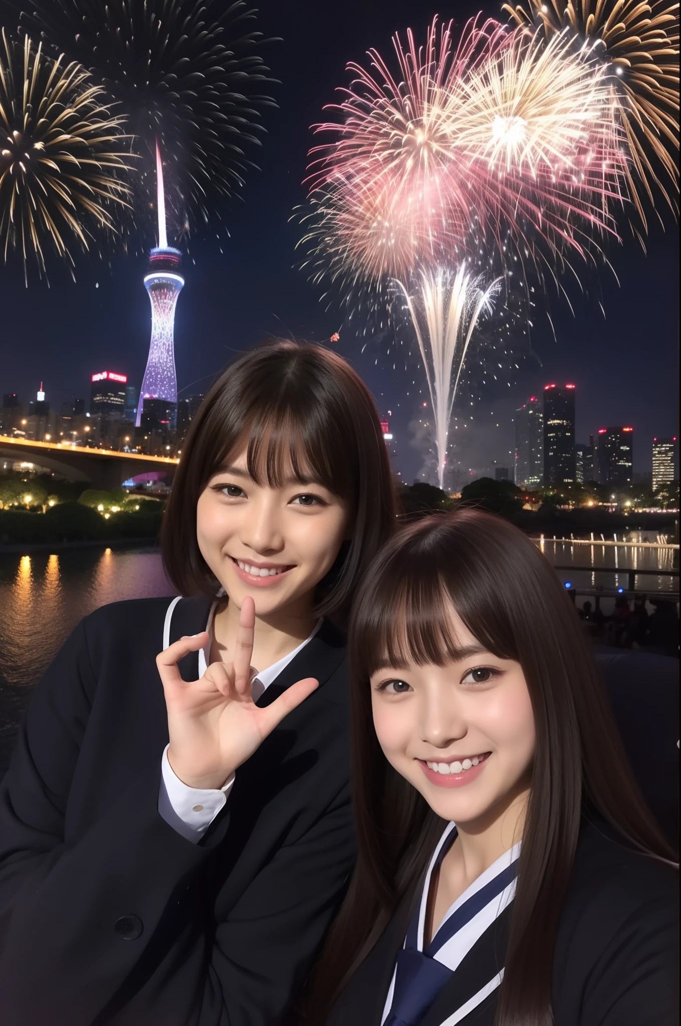 A smile、hi-school girl、校服、While doing fireworks、mare、Tokyo Skytree、cherry trees