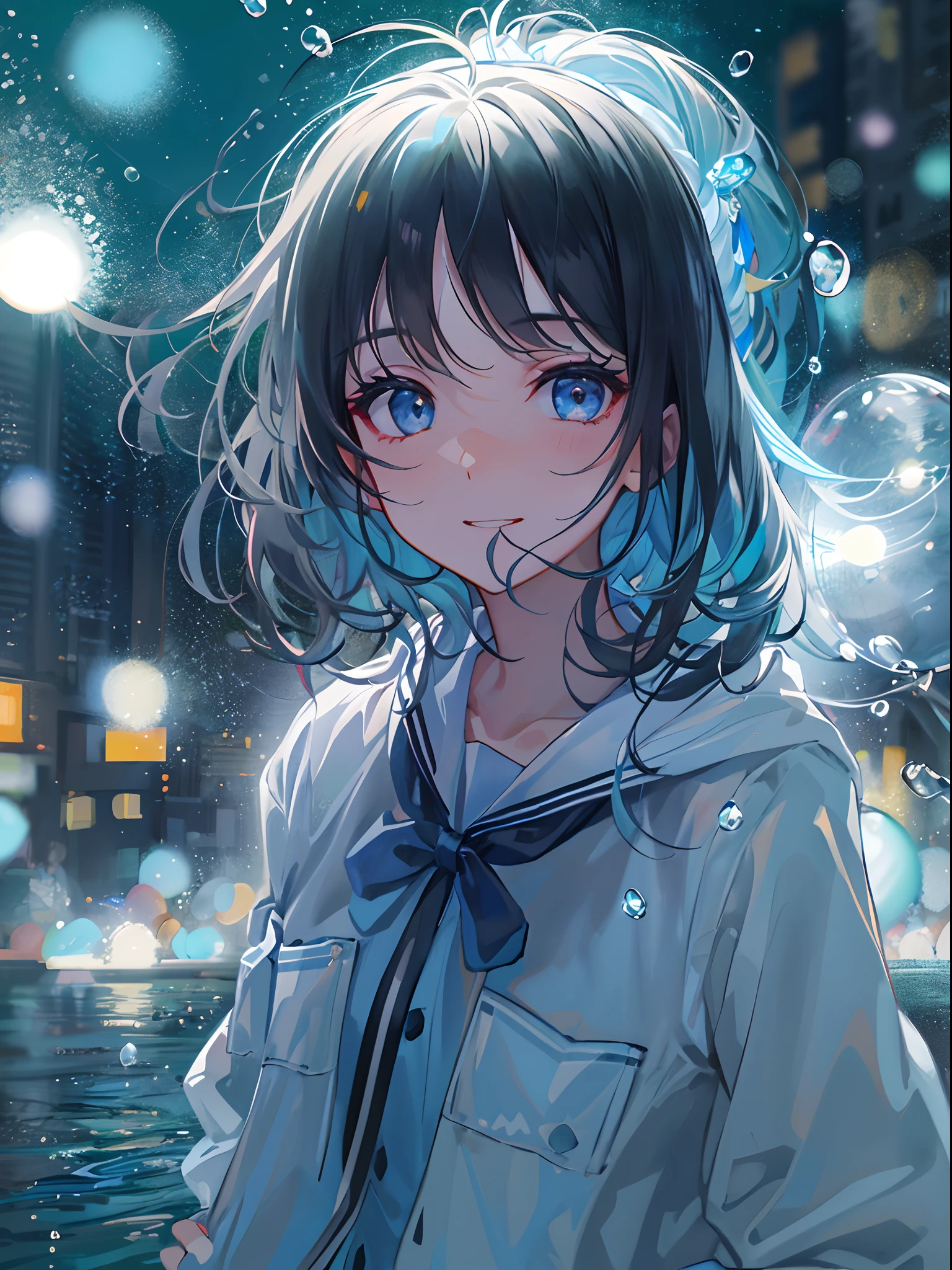 ((top-quality)), ((masterpiece)), ((ultra-detailliert)), (extremely delicate and beautiful), girl with, 独奏, cold attitude,((Black jacket)),She is very(relax)with the(Settled down)Looks,A dark-haired, depth of fields,evil smile,Bubble, under the water, Air bubble,bright light blue eyes,Inner color with black hair and light blue tips,Cold background,Bob Hair - Linear Art, a miniskirt、knee high socks、White uniform like school uniform、Light blue ribbon ties、Clothes are sheer、Hands in pockets、Ponytail hair