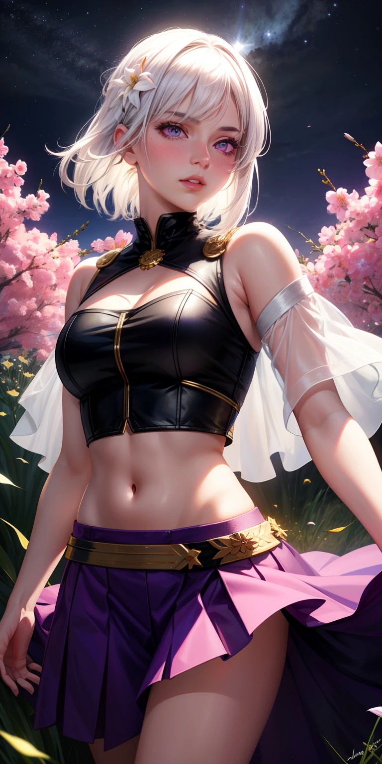 realistic, 1girl, white hair, purple eyes, glowing eyes, crop top, skirt, parted lips, blush, night, flowers, sun, sunlight,