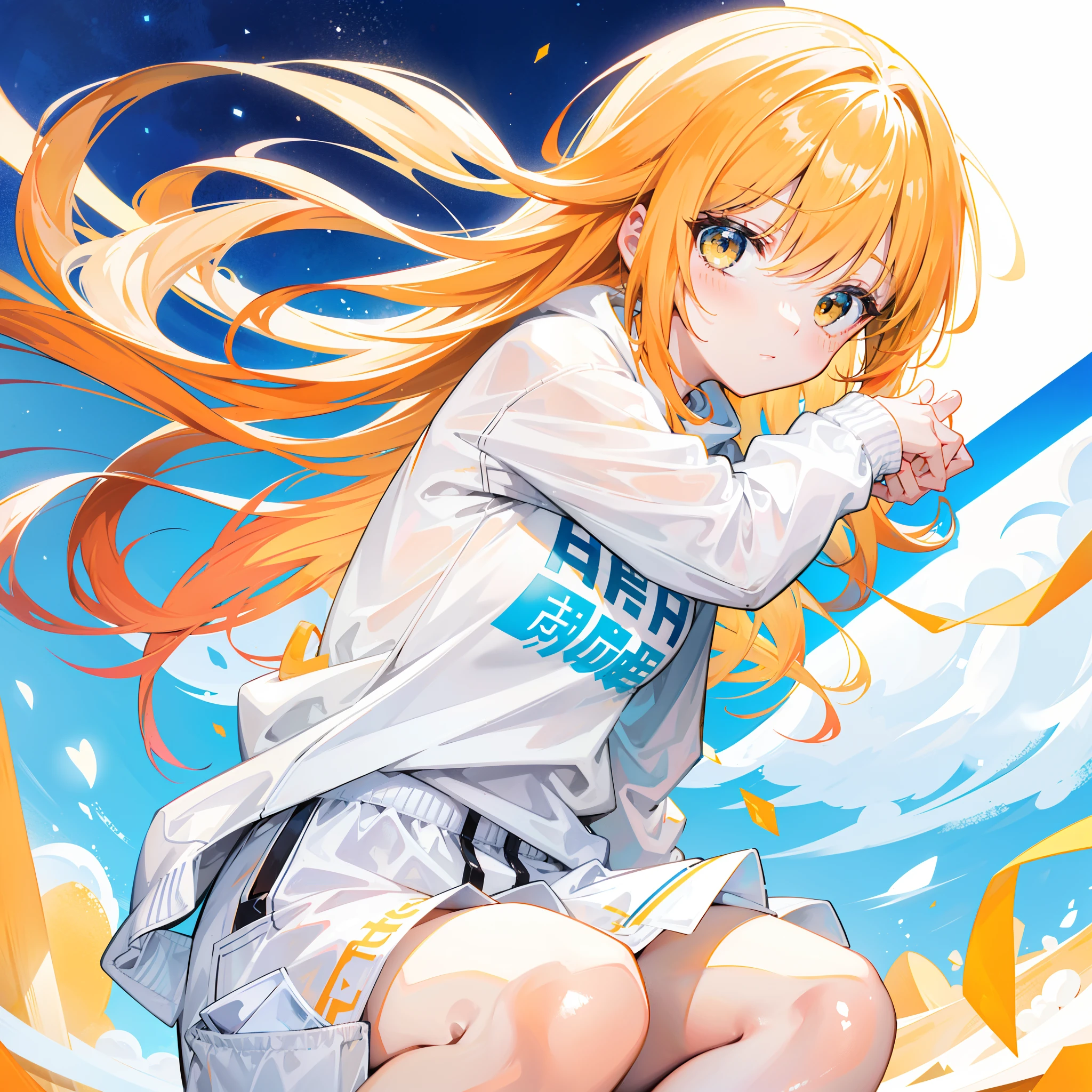 Bright shiny light yellow-orange hair,Wears a simple, Loose, Clean,White,Clean light blue sweatshirt,Milky white feeling,Looks like a cute sweet girl