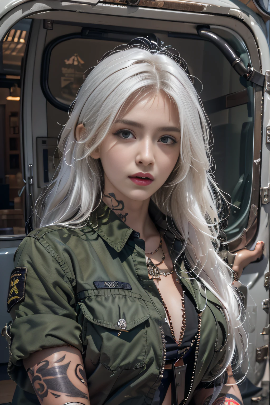 Photorealistic, high resolution, 1womanl, Solo, Hips up, view the viewer, (Detailed face), White hair, Long hair, army suit,short skirt,Tattooed with,Tattooed with,arma,arma, jewelry