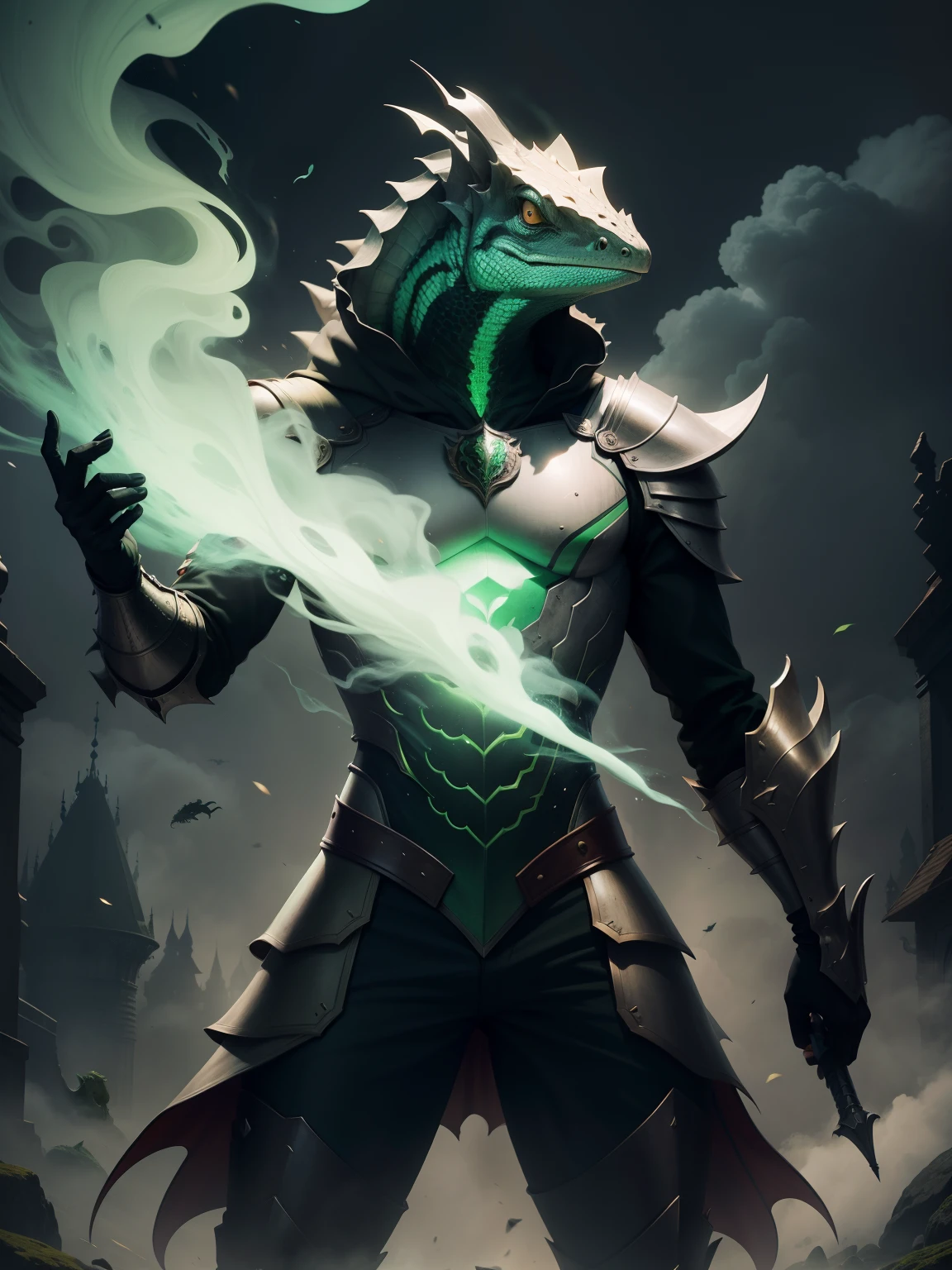armadura dourada, Lagarto, escudo, castelo, veneno, smoke billowing, veneno verde, green smoke, Vapor verde, place covered with green smoke, veneno verde, green acid, gosma verde, action pose, demonio, armas, Rabo Asqueiroso, corpo inteiro,magro, esguio, escala, From head to toe, lizard head