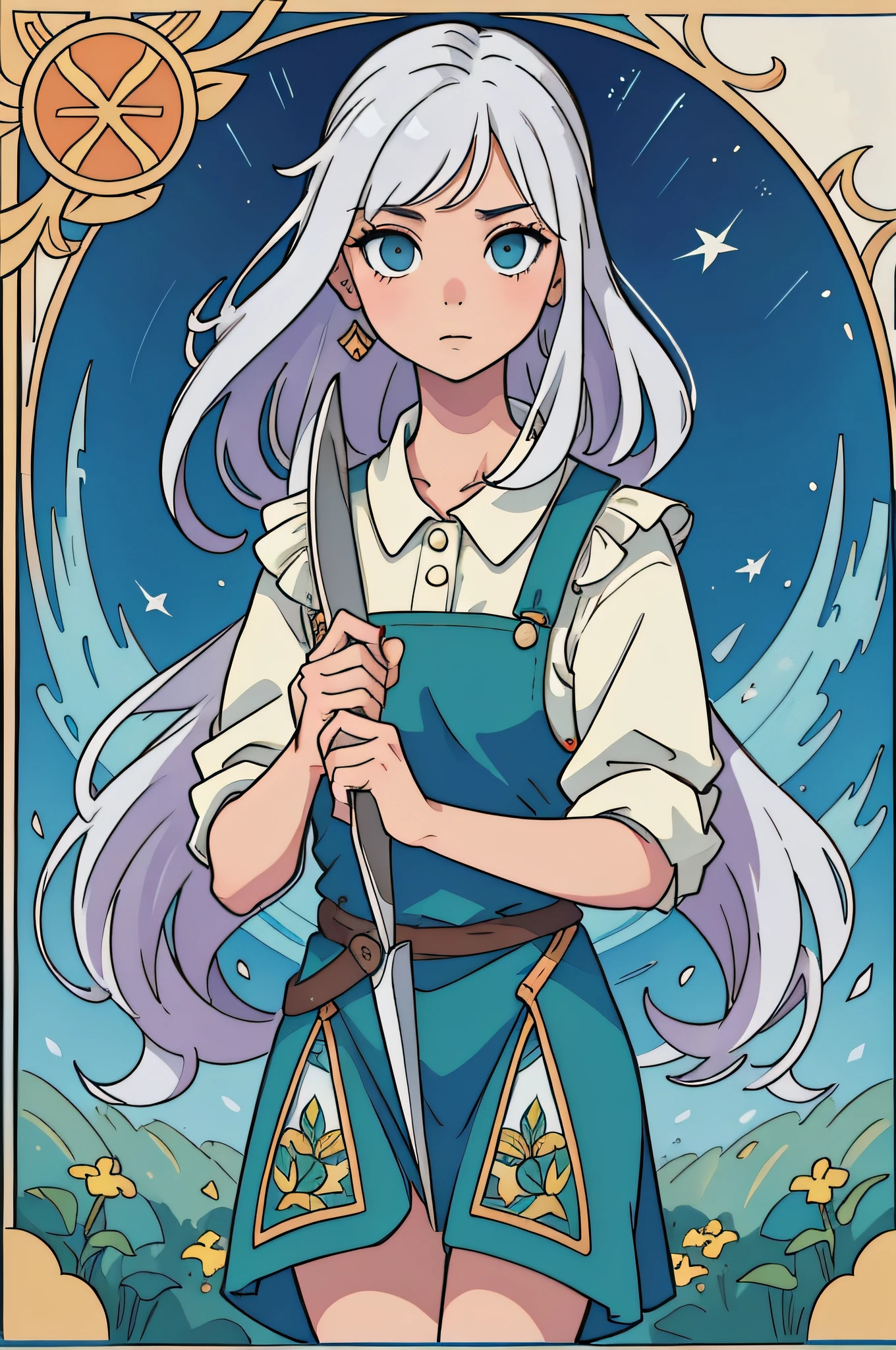 tarot cards,Full tarot border,(best images quality),(The image is surrounded by a tarot card-style border:1.5),(8k wallpaper),(best images quality),(Extremely detailed description),tarot card art,tarot card art, tarot design, beuaty girl,The most beautiful girl in the world,gardener,,blue-sky,Bokeh background,gardening(Take a sprinkler jug;2),quadratic element,(hoang lap,A high resolution,hyper-detailing),Visual storytelling,capturing moments,historical records,social commentary,Powerful images,mosaic art,small,Colored inlays,Intricate patterns,Tile design,Durable surface,Time-honored technology,one-girl,Flat coating,a warm color palette,long white hair,Beautiful female,Idyllic,Adults,gardening,Hand-held gardening scissors,