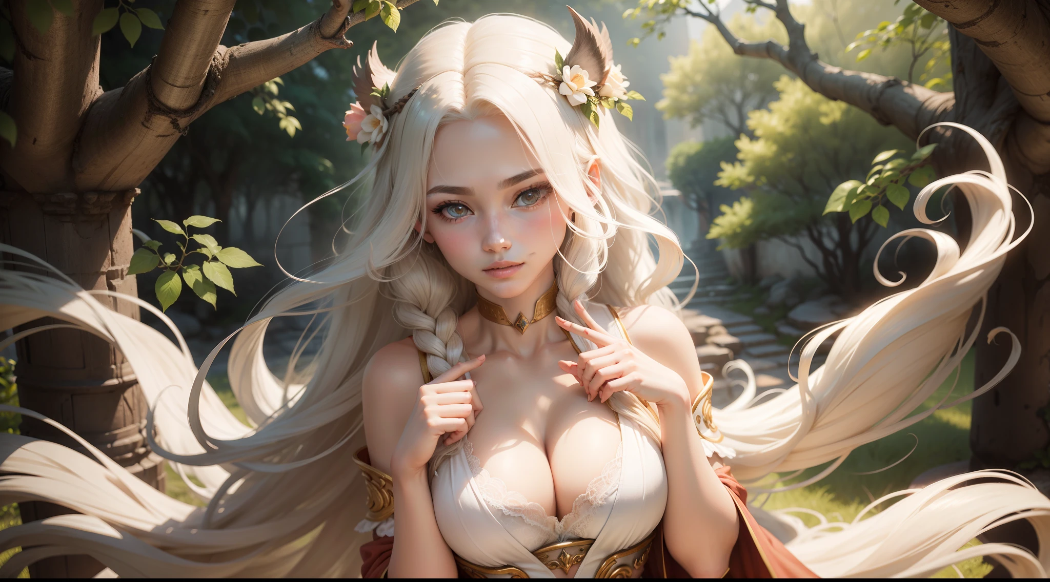 ancient wind，femele，long whitr hair，closeup cleavage，adolable，Raised sexy，Fingers pinched the peach branch