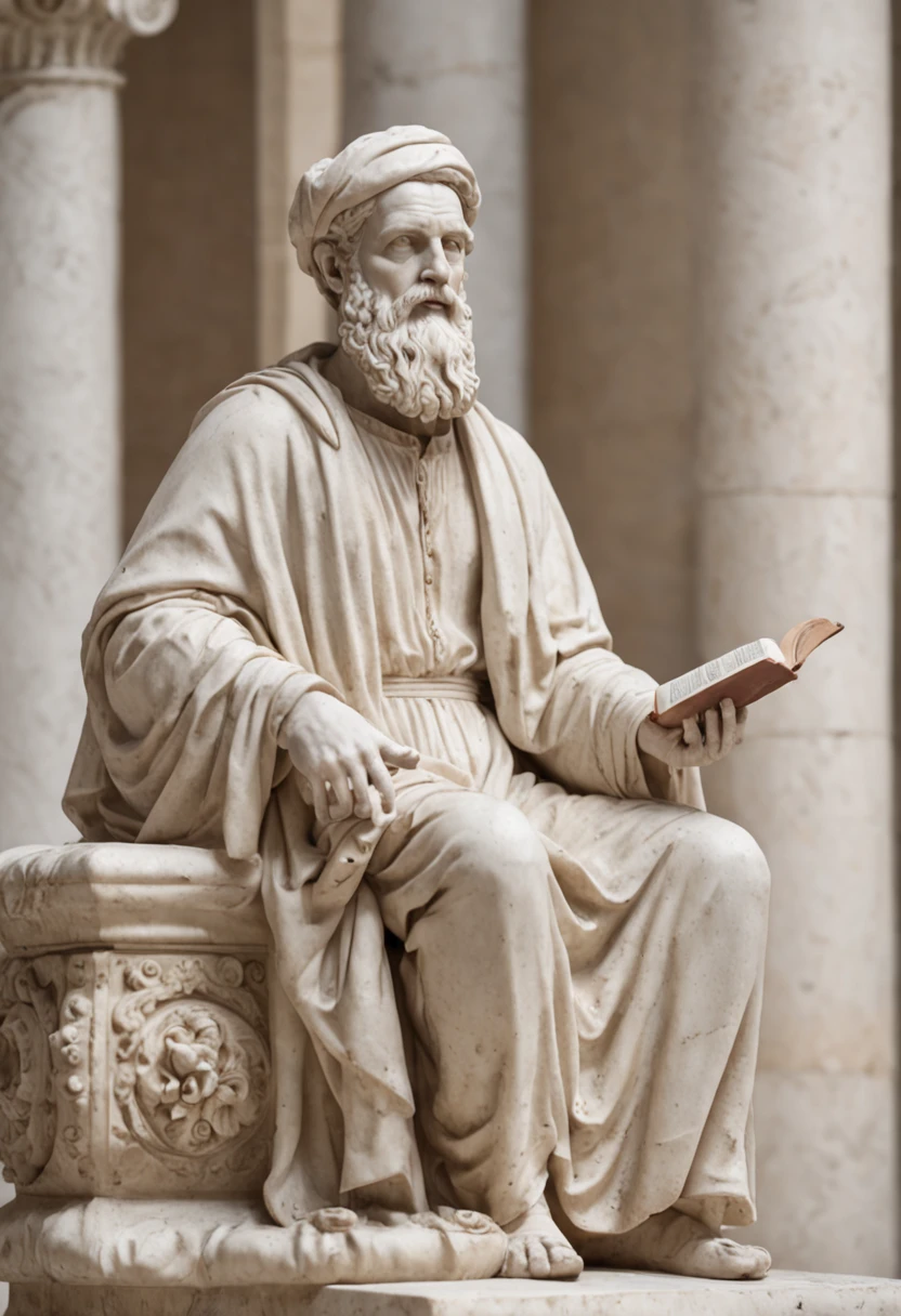 a scene in the ancient Academy of Athens, with a wise bearded philosopher seated on a marble throne. He is surrounded by young disciples eager to learn. The philosopher holds a rolled parchment in one hand and points upwards, as if imparting knowledge about ideal forms and the world of ideas.