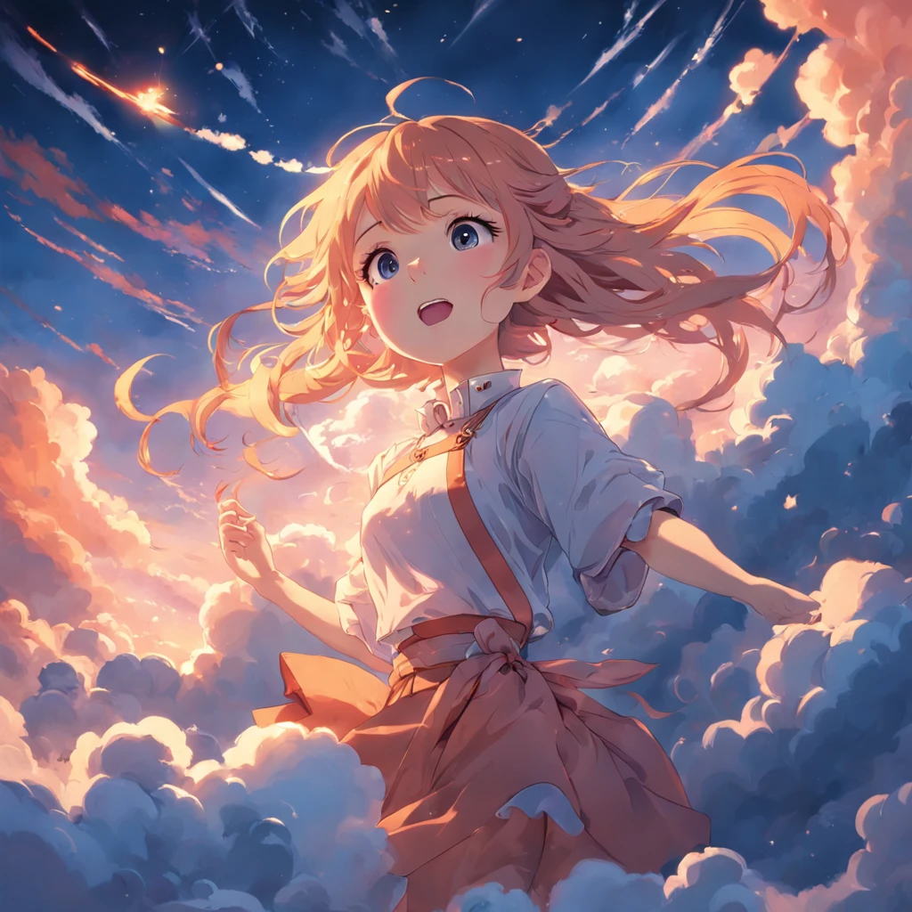 masterpiece, best quality, movie still, 1girl, cloud girl, floating in the sky, close-up, bright, happy, warm soft lighting, sunset, (sparks:0.7)