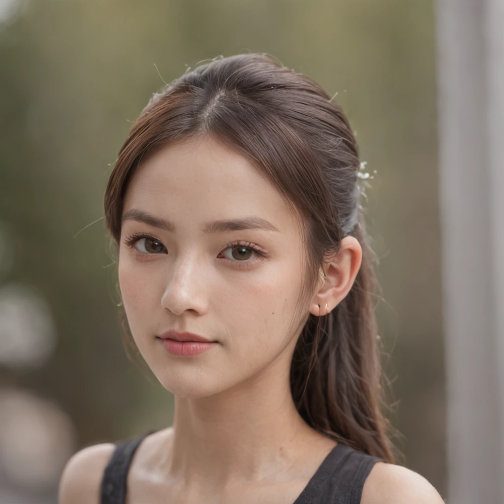 20 year old girl with ponytail hair, large dark gray eyes, And a perfect oval face, Rendered in a photorealistic style with sharp edges and vibrant atmosphere, Standing in a convenience store There is an old man wearing a top tank shirt