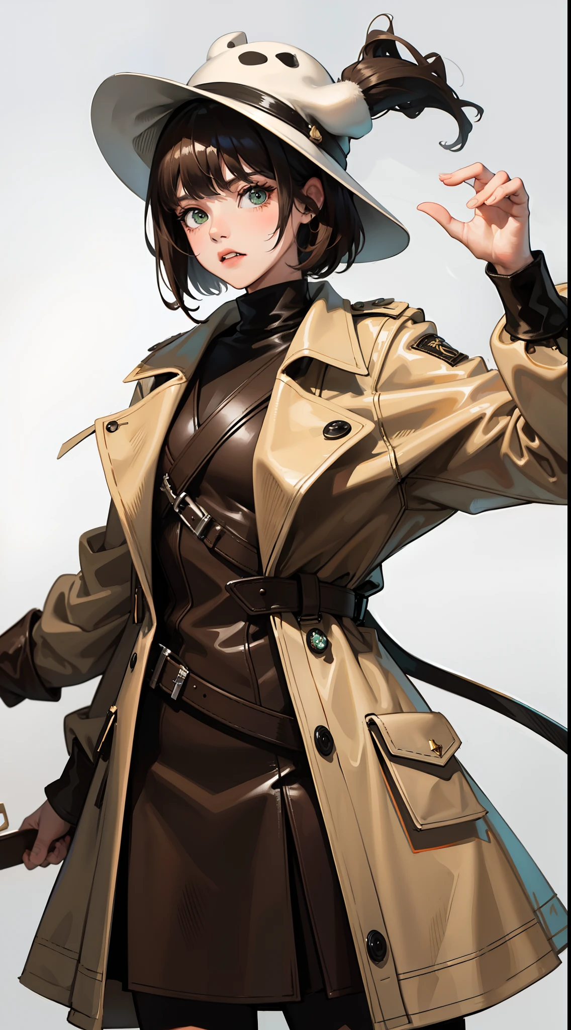 young girl, short black hair, Green eyes, White Mask, brown leather coat, hat, Rorschach, angry, Masterpiece, hiquality