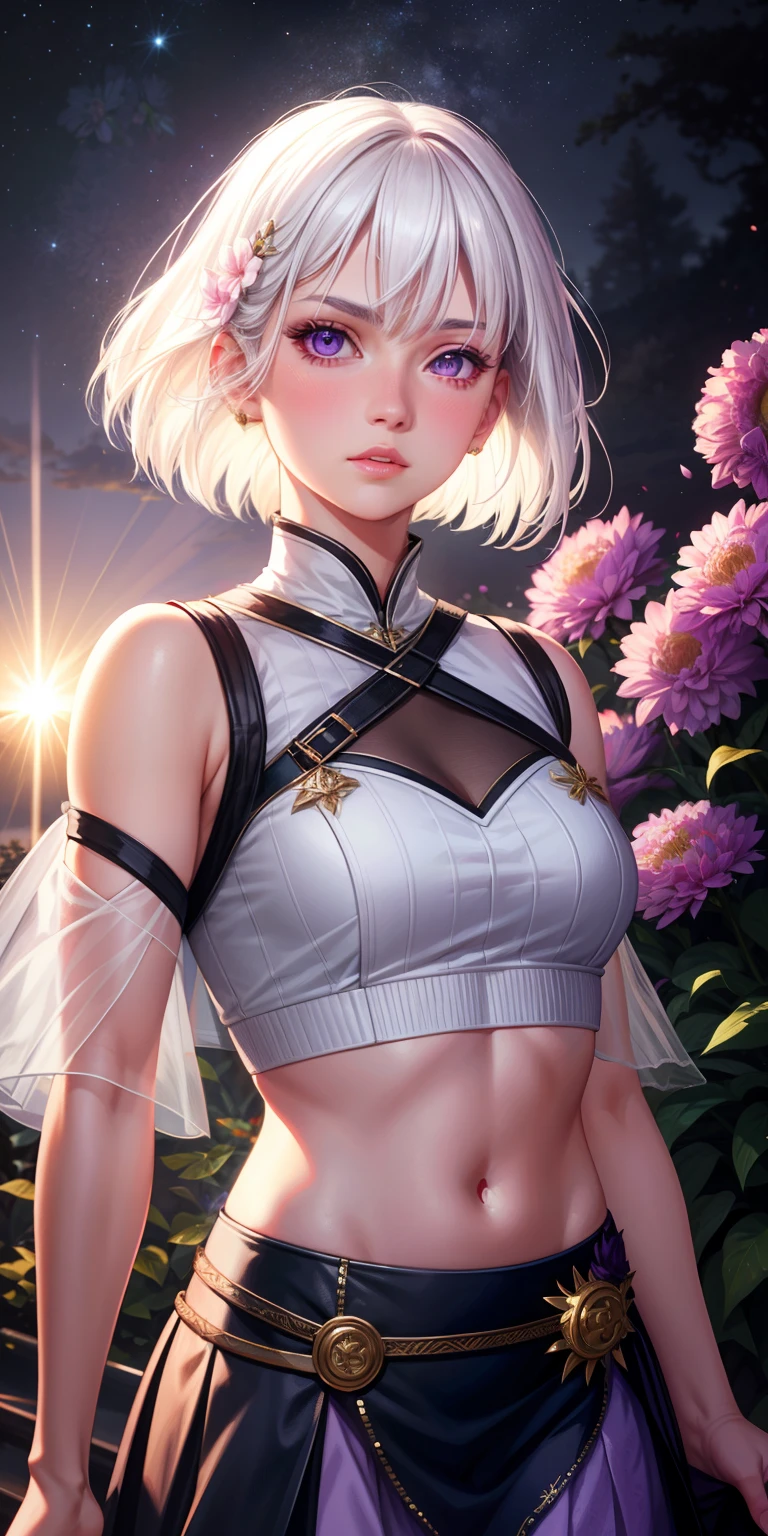 realistic, 1girl, white hair, purple eyes, glowing eyes, crop top, skirt, parted lips, blush, night, flowers, sun, sunlight,
