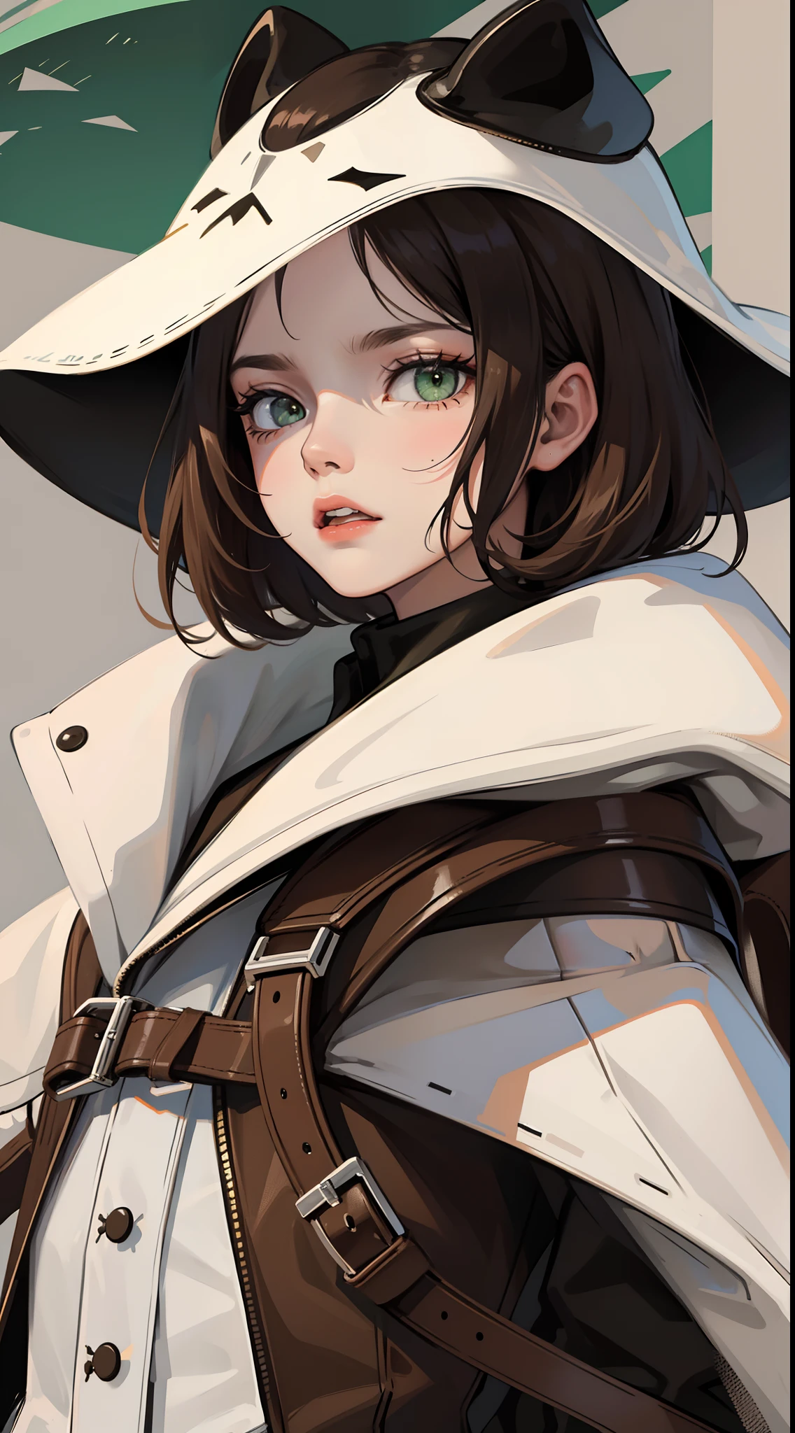 young girl, short black hair, Green eyes, White Mask, brown leather coat, hat, Rorschach, angry, Masterpiece, hiquality