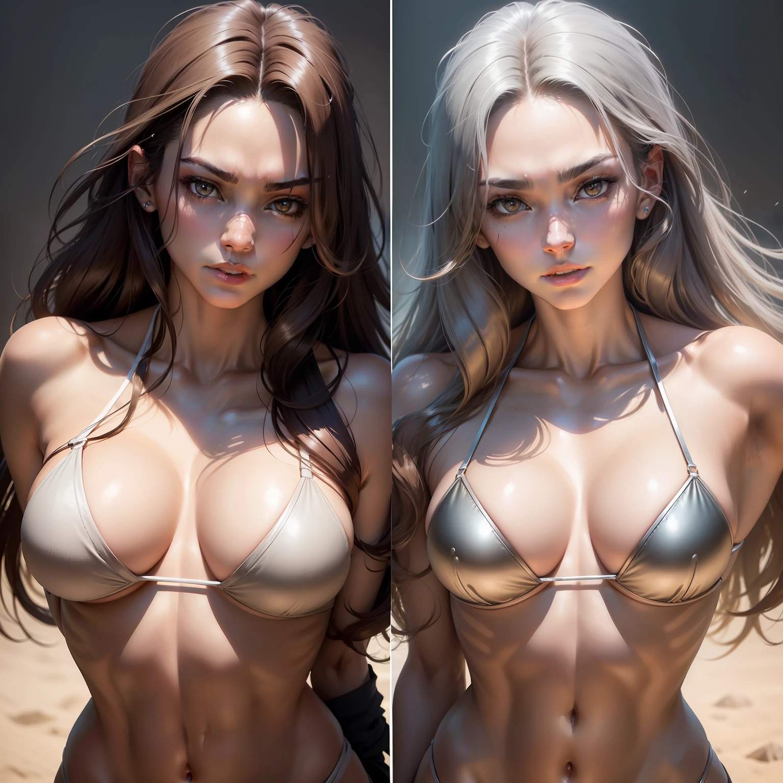 masutepiece,Best Quality,ultra-detailliert,hight resolution,hight resolution,4K,Portrait in 4K,8K,8k portrait,Unity 8k壁纸,extremely details CG,Realistic,Raw photo,Real person,a portrait photo of,Photorealistic,Shiny skin,Detailed skin,(((Dynamic Angle,Full body))),90' Supermodel(((Michelle Hicks))),(((Height 175cm))),(((hair color: Dark brown))),(((Eye color: brown))),(((body type: Slender and well-proportioned model figure))),(((Features: Sharp and delicate facial features,long snout,Crisp eyebrows,dynamic angle,full body,Bikini,Silver,dynamic pose, (paw pose:0.5)
