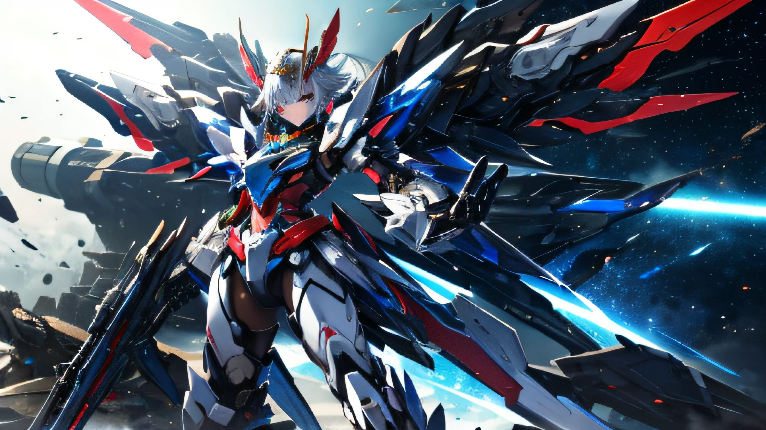 32K, Best quality, Masterpiece, Super detail,Close-up of girl with gun in ruins, From the night of the ark, Mechanized Valkyrie girl, Mecha wings, full-body xianxia, inspired by Leng Mei, anime robotic mixed with organic, mecha anime, arknight, Mobile Suit, modern mecha anime, Keqing from Genshin Impact, girl in mecha cyber armor