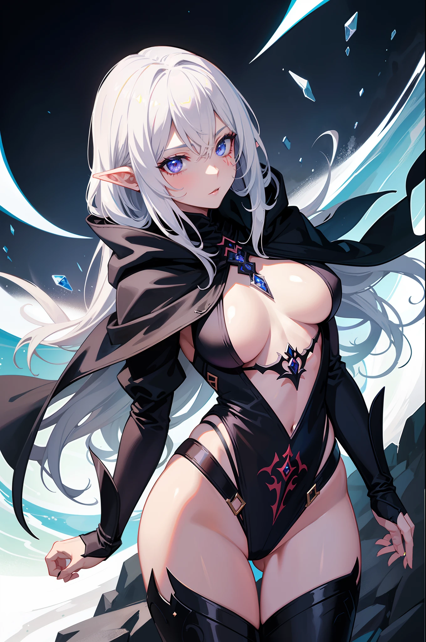 female dark elf mage, no underwear, croatch tattoo, holy & sexy aura, best quality, sexy body shape, cape, hood, shiny accesory, wind effect, holy water and holy wind magic element, petite, half iron chest plate