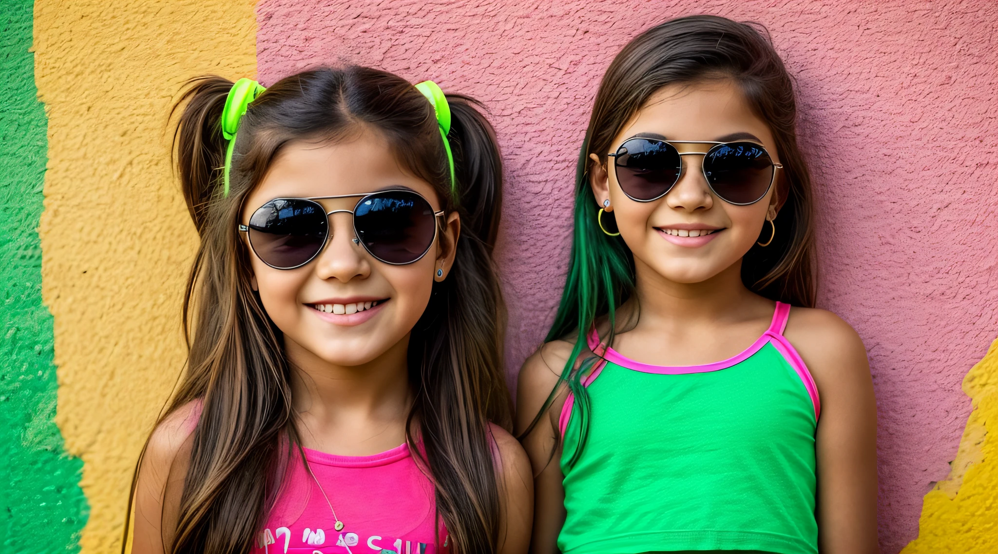 There is a young BLONDE KIDS GIRL wearing a green outfit and sunglasses, Tons de verde, background black, roupas verdes, verde neon, neon verde, vestindo roupas verdes, lime green, with sunglasses, neon vibes, Nice Poarch, green neon details, Estilo neon, with sunglasses GREEN, lindo modelo jovem, Menina jovem e bonita KIDS