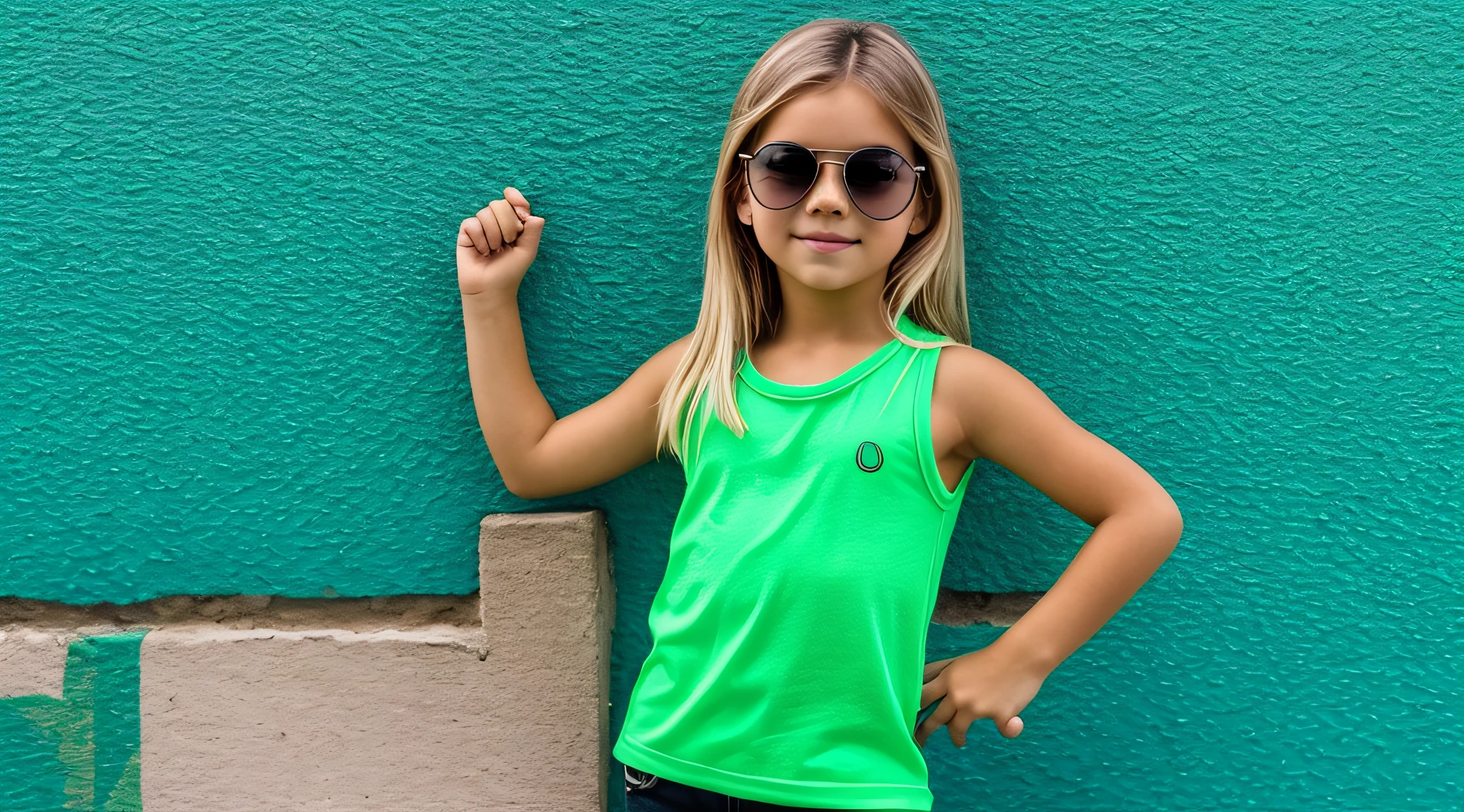There is a young BLONDE KIDS GIRL wearing a green outfit and sunglasses, Tons de verde, background black, roupas verdes, verde neon, neon verde, vestindo roupas verdes, lime green, with sunglasses, neon vibes, Nice Poarch, green neon details, Estilo neon, with sunglasses GREEN, lindo modelo jovem,  jovem e bonita KIDS