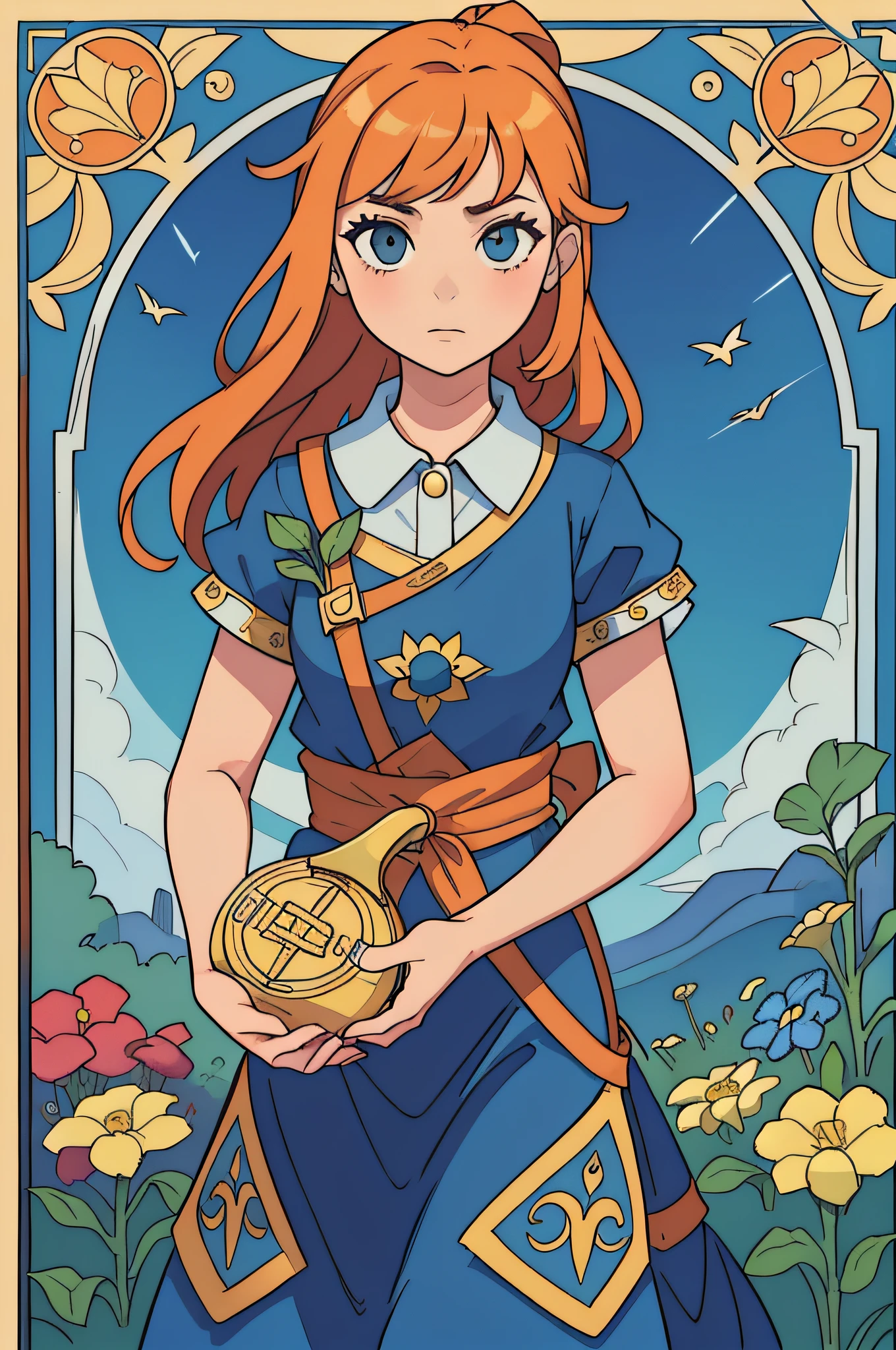tarot cards,Full tarot border,(best images quality),(The image is surrounded by a tarot card-style border:1.5),(8k wallpaper),(best images quality),(Extremely detailed description),tarot card art,tarot card art, tarot design, beuaty girl,The most beautiful girl in the world,gardener,,blue-sky,Bokeh background,gardening(Take a sprinkler jug;2),quadratic element,(hoang lap,A high resolution,hyper-detailing),Visual storytelling,capturing moments,historical records,social commentary,Powerful images,mosaic art,small,Colored inlays,Intricate patterns,Tile design,Durable surface,Time-honored technology,one-girl,Flat coating,a warm color palette,Beautiful female,Idyllic,Adults,gardening,Hand-held gardening scissors,