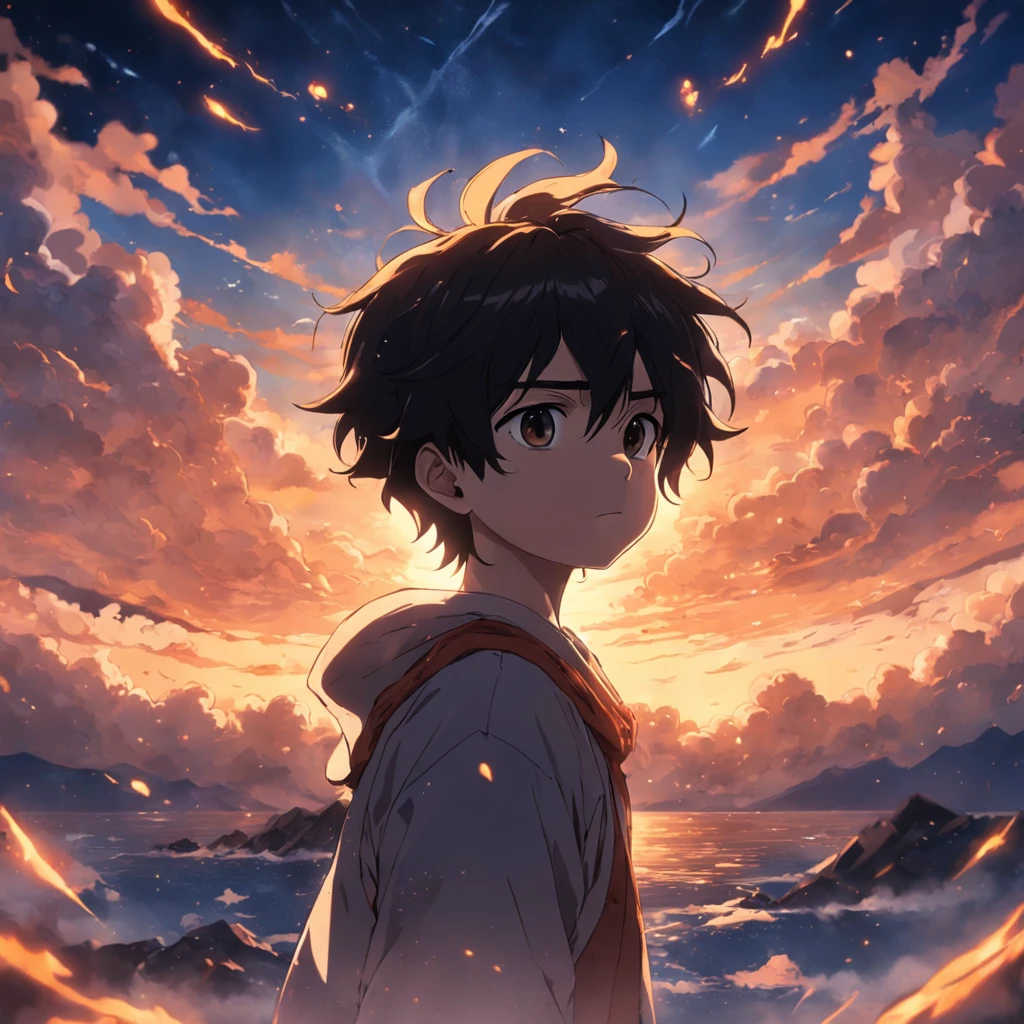 tmasterpiece,best qualtiy,cinematic Film still from,1boy,Floating in the sky,closeup cleavage,brightly,cheerfulness,Warm and soft lighting,the sunset,(spark of light:0.7)