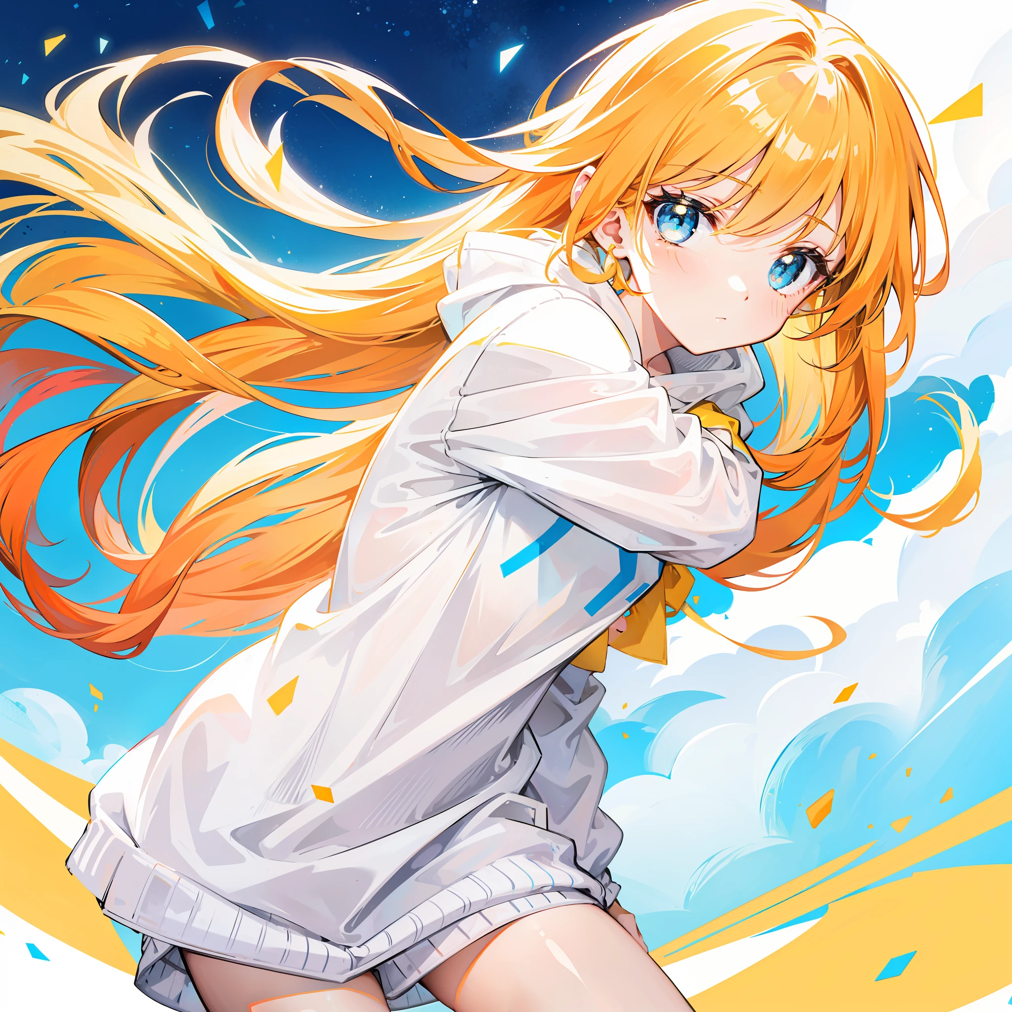 Bright shiny light yellow-orange hair，Wears a simple, Loose, Clean，White，Clean light blue sweatshirt，Milky white feeling，Looks like a cute sweet girl
