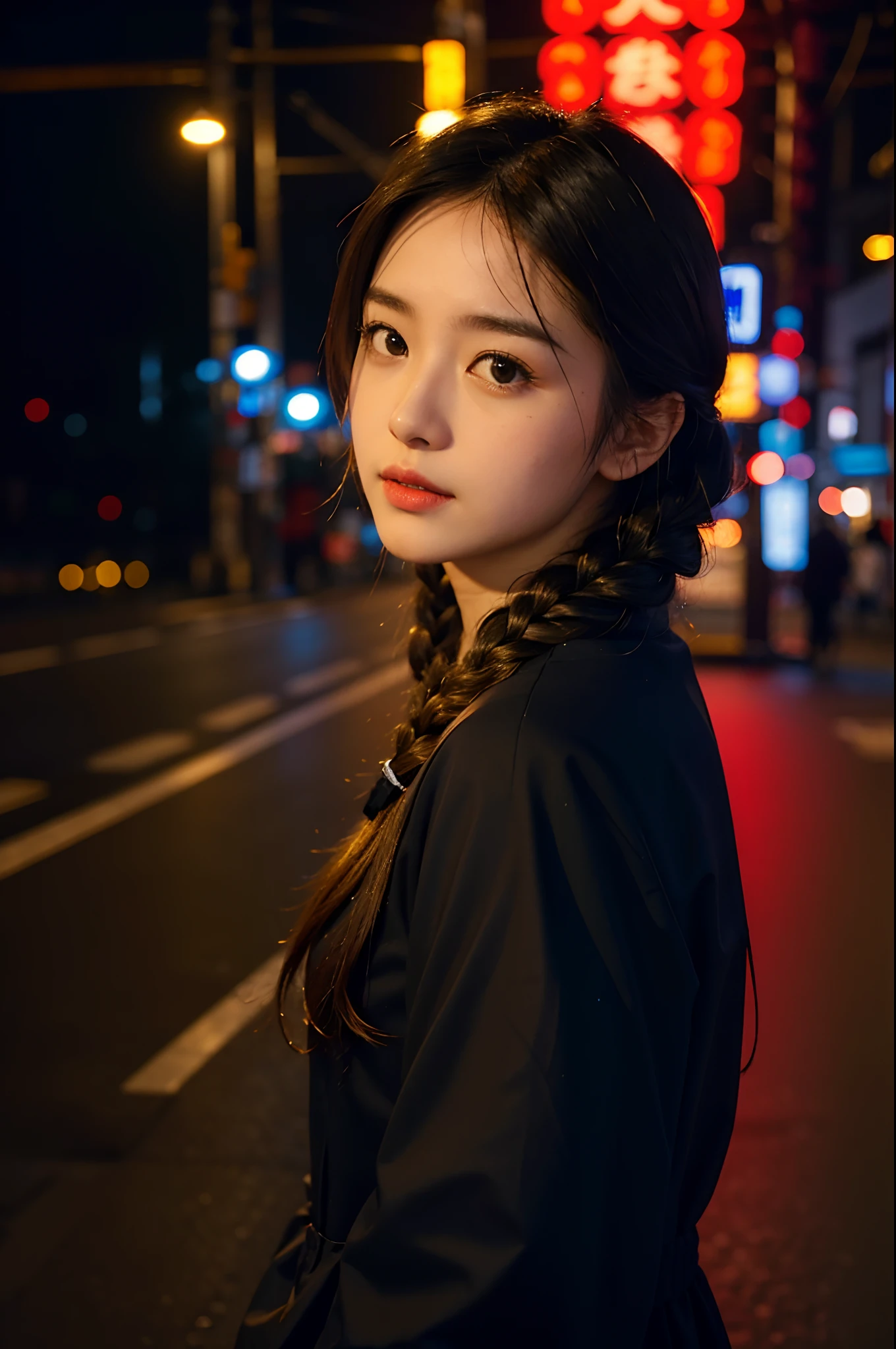1girl, Fishtail braid, Tokyo street,night, cityscape,city lights, upper body,close-up, 8k, RAW photo, best quality, masterpiece,realistic, photo-realistic,
