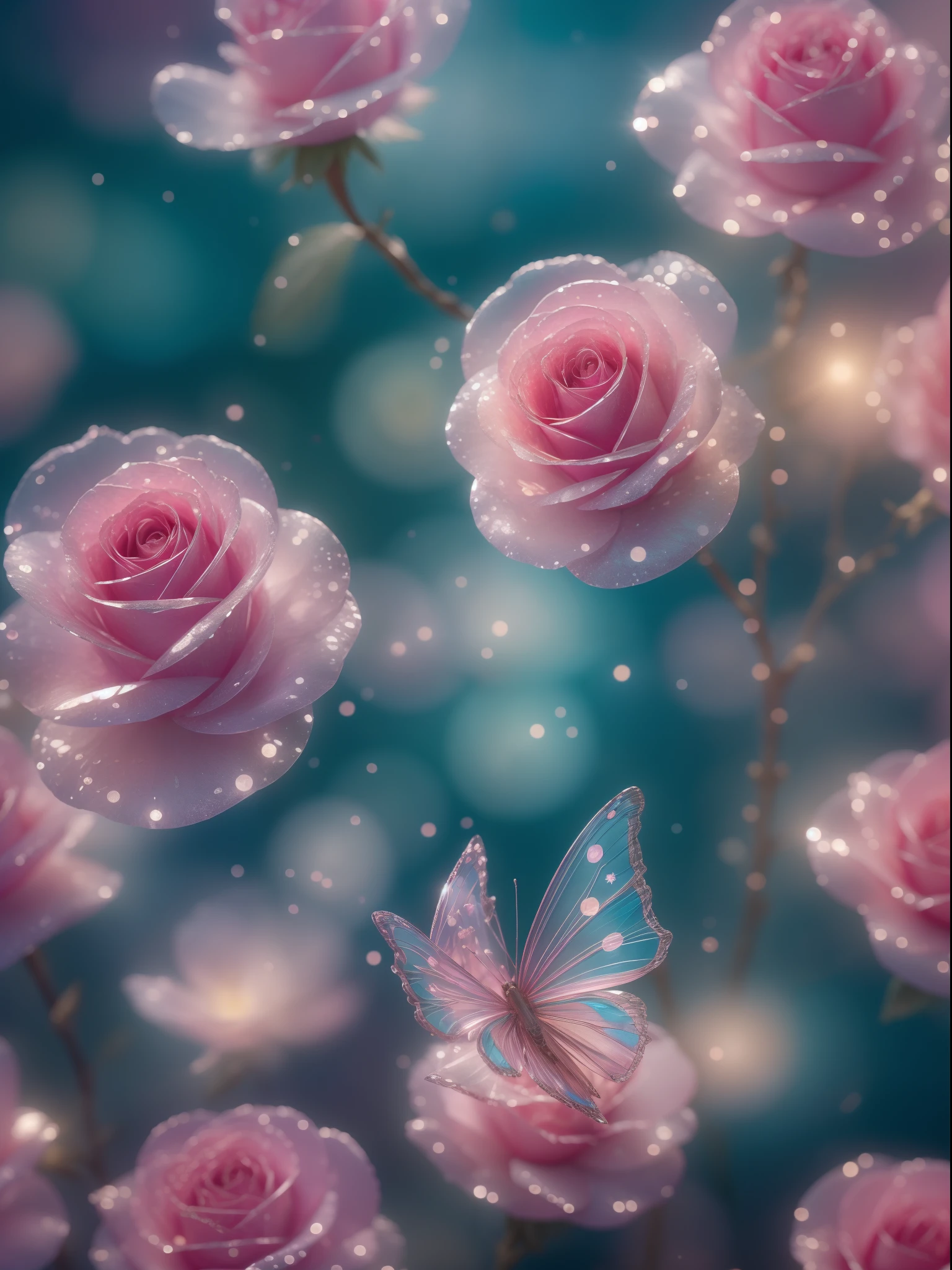 crystal fantasy, roses, fulcolor, Toe Up, neons, Countless crystal wings flutter in the air,
Fantasy, Galaxy, Transparent, Shallow depth of field, Jade Bokeh, glinting, glinting, Stunning, colourfull,
magical photography, Dramatic Lighting, photorealisim, Ultra Detail, 4K, degrees of freedom, High resolution