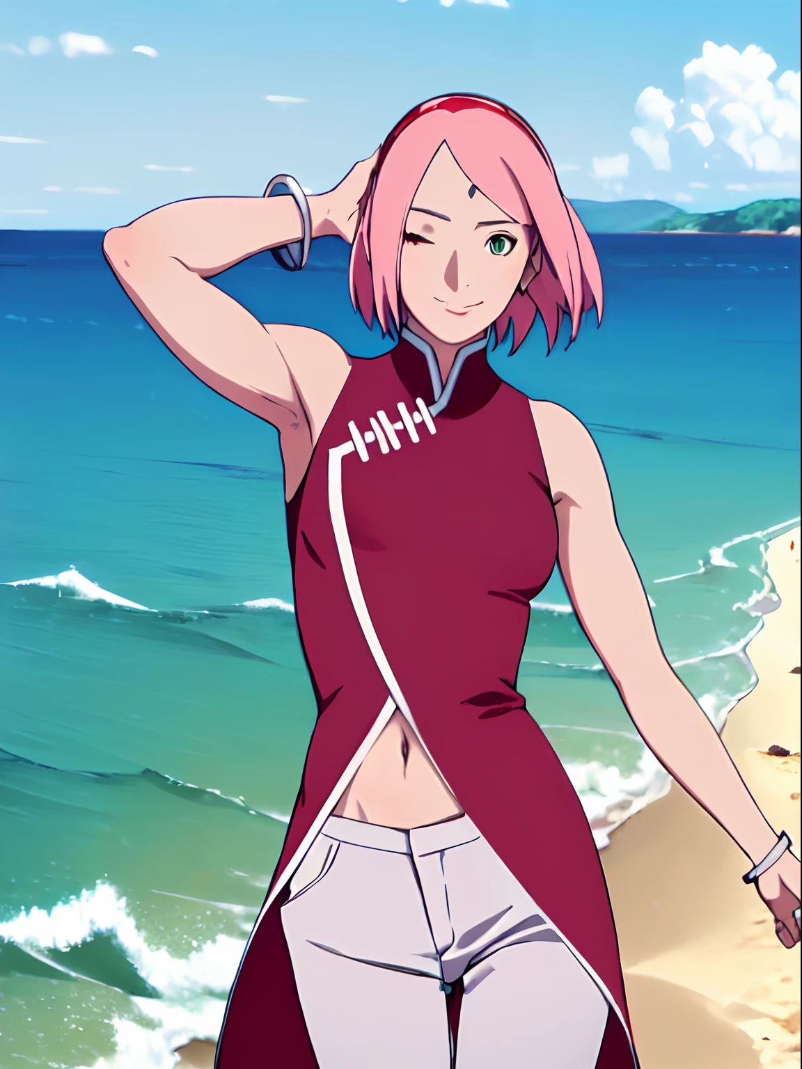 masterpiece, 4k, portrait, closeup, professional artwork, detailed beach background, intricate details, colorful, digital blending, (ultra detailed body, ultra detail hair, ultra detail face), trending on pixiv, kind smile, best quality, anime style: 1.9, 1girl, hires, haruno sakura, (forehead mark, milf, red hairband, pale skin, short hair, ((red sleeveless dress), white pants), (navel, belly button, bracelet, pink hair, closed mouth), smile, beach, wind, floating hair, detailed arms, off-shoulders, broad shoulders, slightly muscular arms, (dirty armpits, armpit pocket), standing, winking, one eye closed)