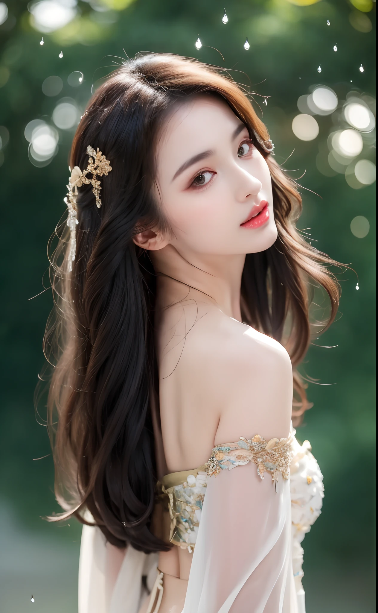 ((Best Quality, 8k, Masterpiece: 1.3)), Focus: 1.2, Perfect Body Beauty: 1.4, Buttocks: 1.2, ((Layered Haircut)), (Wet Clothes: 1.1), (Rain, Street:1.3), (Breasts: 1.2), (Hanfu: 1.2), Bare Shoulders, Bare Legs, Highly Detailed Face and Skin Texture, Fine Eyes, Double Eyelids, Whitened Skin, Long Hair, (Shut Up: 1.5), (Bokeh Background: 1.5), Big Breasts