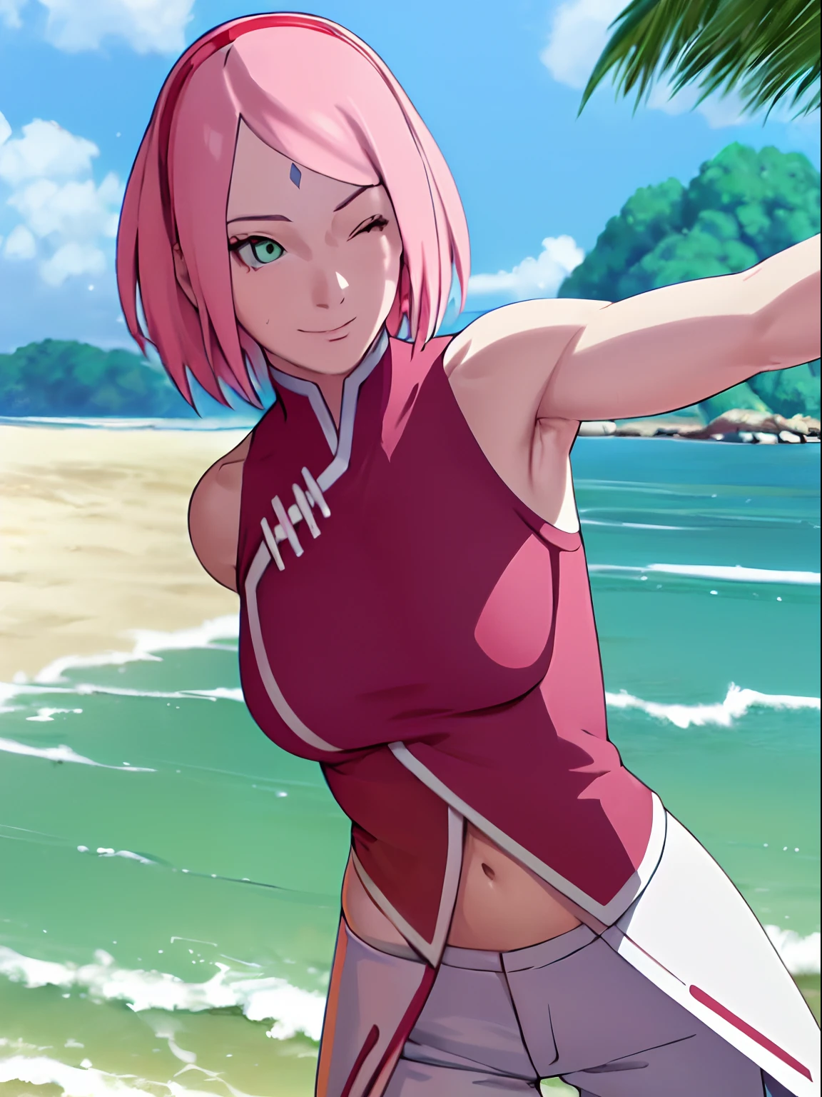masterpiece, 4k, portrait, closeup, professional artwork, detailed beach background, intricate details, colorful, digital blending, (ultra detailed body, ultra detail hair, ultra detail face), trending on pixiv, kind smile, best quality, anime style: 1.9, 1girl, hires, haruno sakura, (forehead mark, milf, red hairband, pale skin, short hair, ((red sleeveless dress), white pants), (navel, belly button, bracelet, pink hair, closed mouth), smile, beach, wind, floating hair, detailed arms, off-shoulders, broad shoulders, slightly muscular arms, (dirty armpits, armpit pocket), standing, winking, one eye closed)