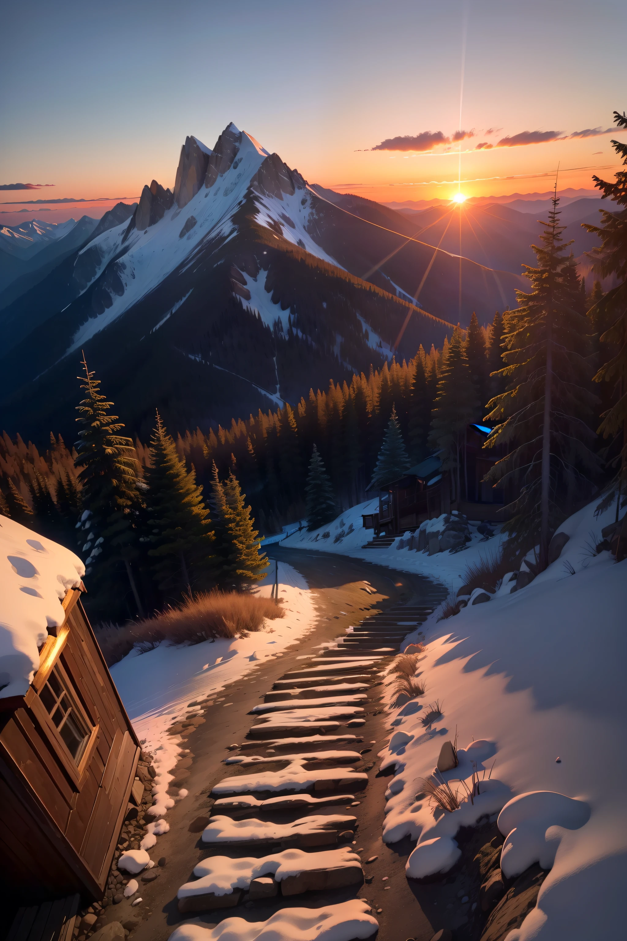Summit of Mt,Sunset glow,cottage(1.1),Natural scenery,Mountain silhouette,Sunset,peaceful scenery,colorfull sky,mountain path,Cabin in the woods(1.2),sunlight reflections,Summit view,Gentle breeze,Rocky paths,vibrant hues,distant valley,Evening tones,wispy clouds,SerenityofNature,Mountain rest