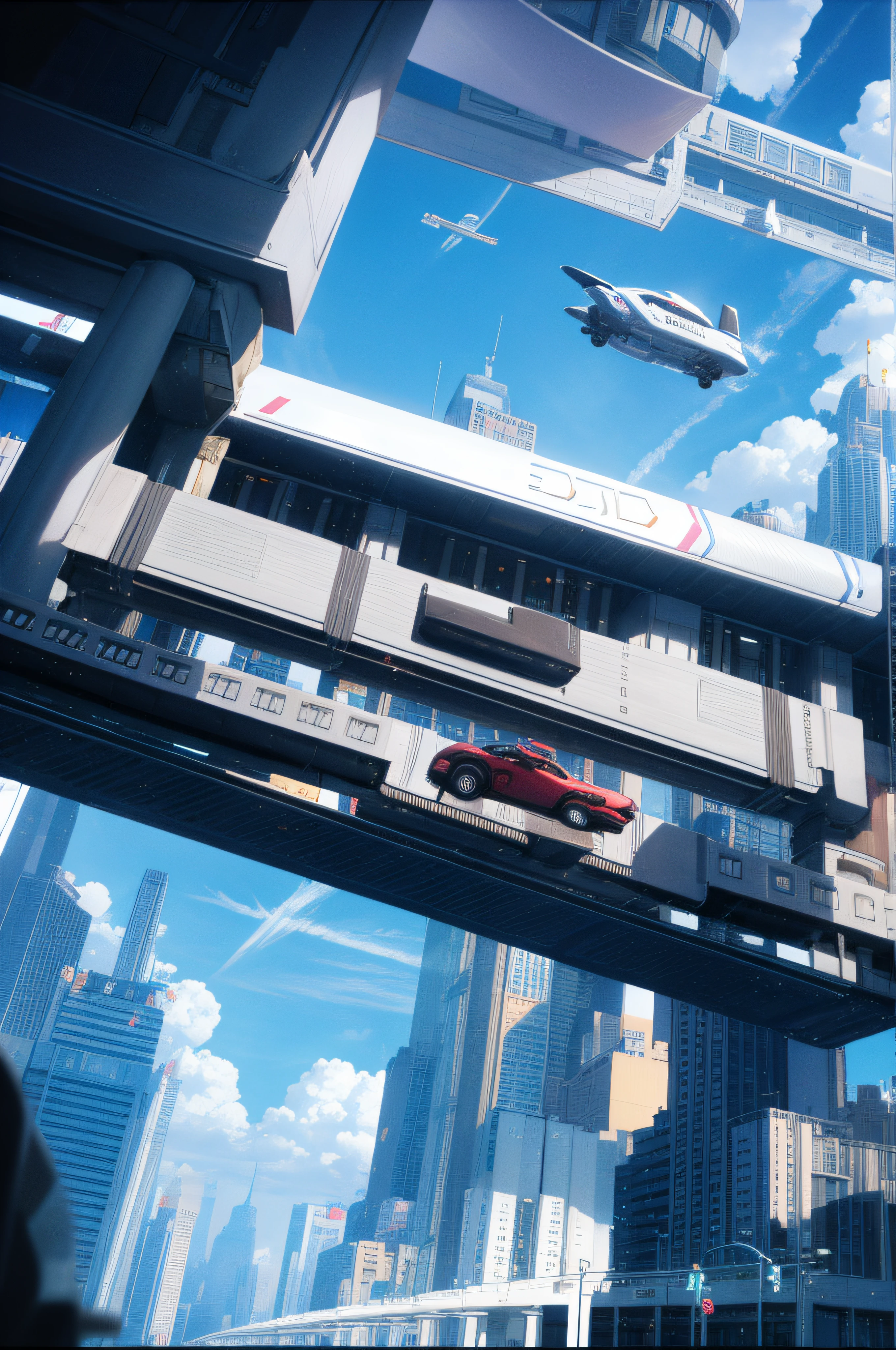 flying car、near future、Hover car in the metropolis of the future、realisticlying、movie、cuberpunk、HoverCar style、Bolides、flight、城市、a street、Through the air、driving、A tall、buliding、SF Files、Cityscape