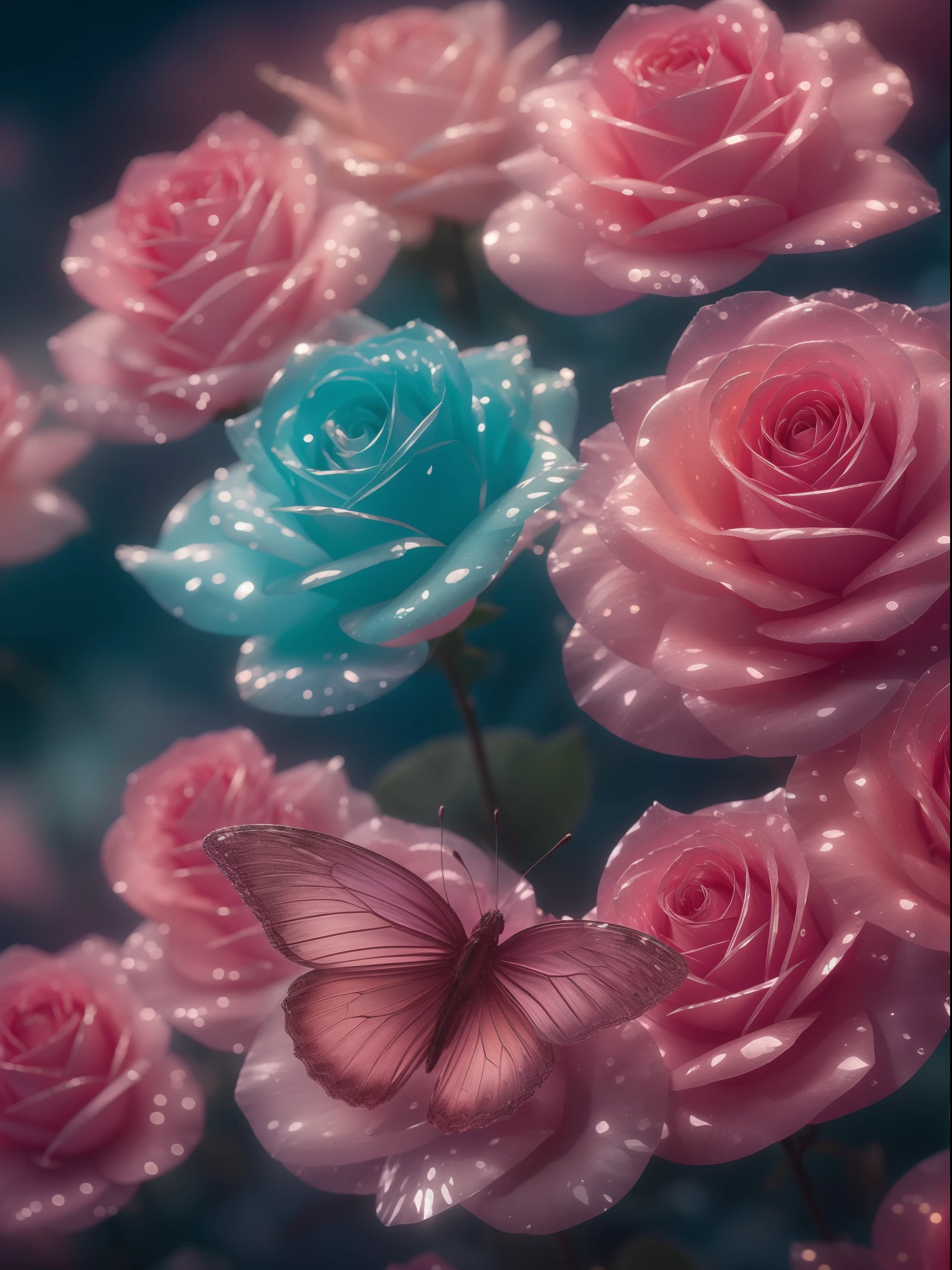 crystal fantasy, roses, fulcolor,  Toe Up, neons, Countless crystal wings flutter in the air,
Fantasy, Galaxy, Transparent, Shallow depth of field, Jade Bokeh, glinting, glinting, Stunning, colourfull,
magical photography, Dramatic Lighting, photorealisim, Ultra Detail, 4K, degrees of freedom, High resolution