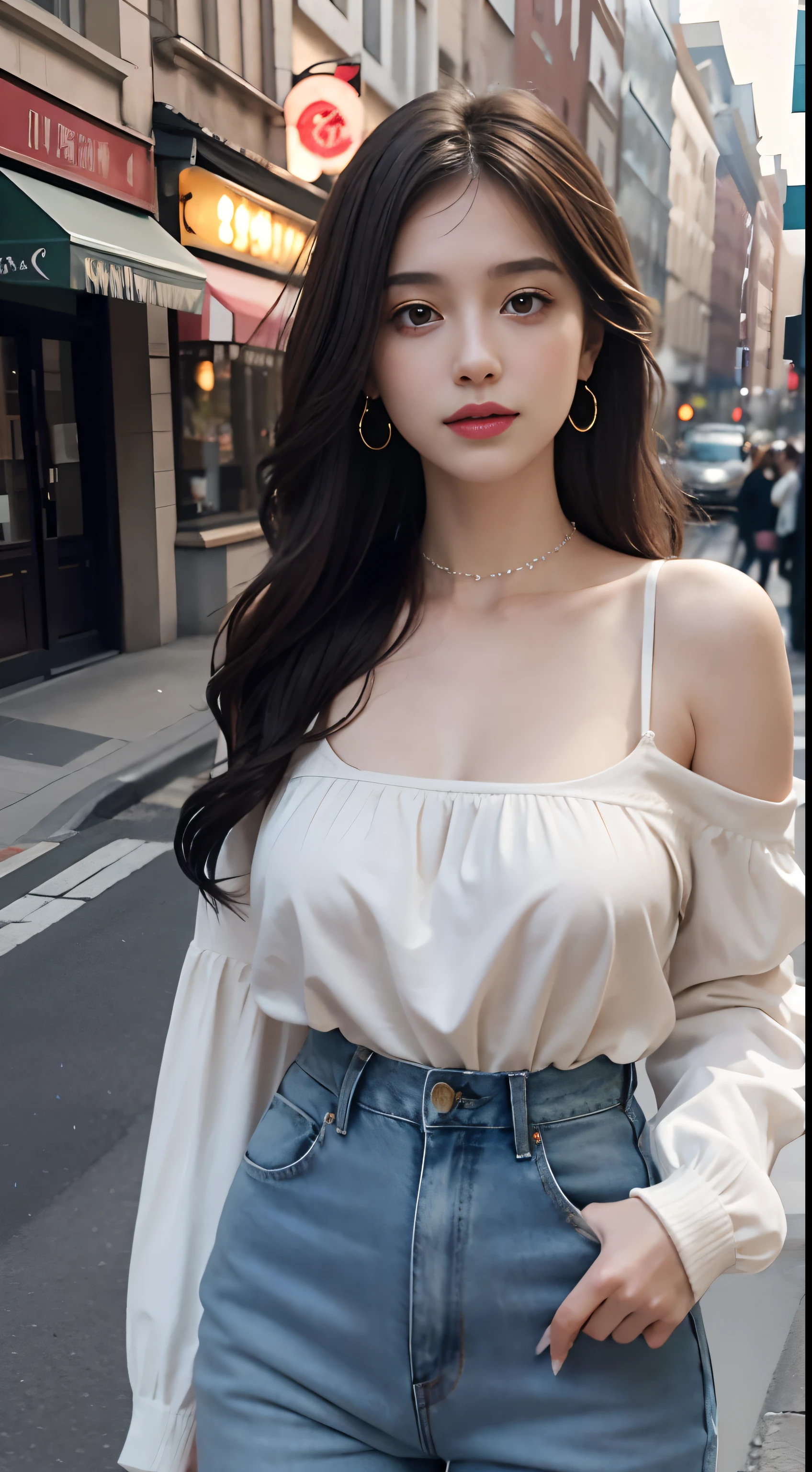 （（jon，the hair））， Stand up， （An extremely delicate and beautiful work）， （tmasterpiece）， 1girll， Delicate shoulder top，Delicate jeans，beautifullegs， highly  detailed， long whitr hair，full bodyesbian， Enchanted smile， beautiful and clear eyes， delicatenecklace， Delicate earrings， Extreme detail description， big breasts beautiful，s delicate face， fine collar bone，lovely lips， Behind the softness， mix4，（8K， RAW photos， best qualtiy， tmasterpiece：1.2）， （realisticlying， photograph realistic：1.4）， 1girll， adolable， the street，physically-based renderingt， full bodyesbian，school uniform