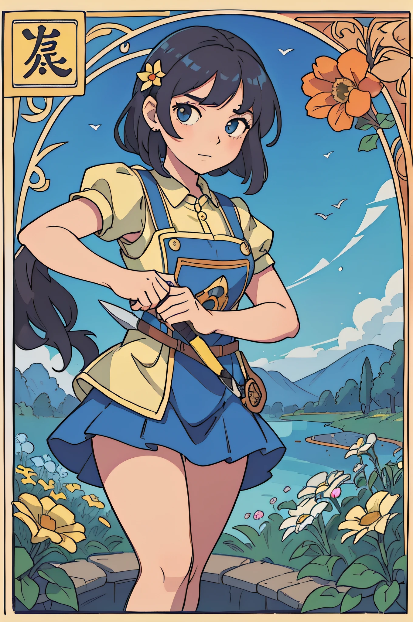 tarot cards,Full tarot border,(best images quality),(The image is surrounded by a tarot card-style border:1.5),(8k wallpaper),(best images quality),(Extremely detailed description),tarot card art,tarot card art, tarot design, beuaty girl,The most beautiful girl in the world,gardener,,blue-sky,Bokeh background,gardening(Take a sprinkler jug;2),quadratic element,(hoang lap,A high resolution,hyper-detailing),Visual storytelling,capturing moments,historical records,social commentary,Powerful images,mosaic art,small,Colored inlays,Intricate patterns,Tile design,Durable surface,Time-honored technology,one-girl,Flat coating,a warm color palette,Beautiful female,Idyllic,Adults,gardening,Hand-held gardening scissors,