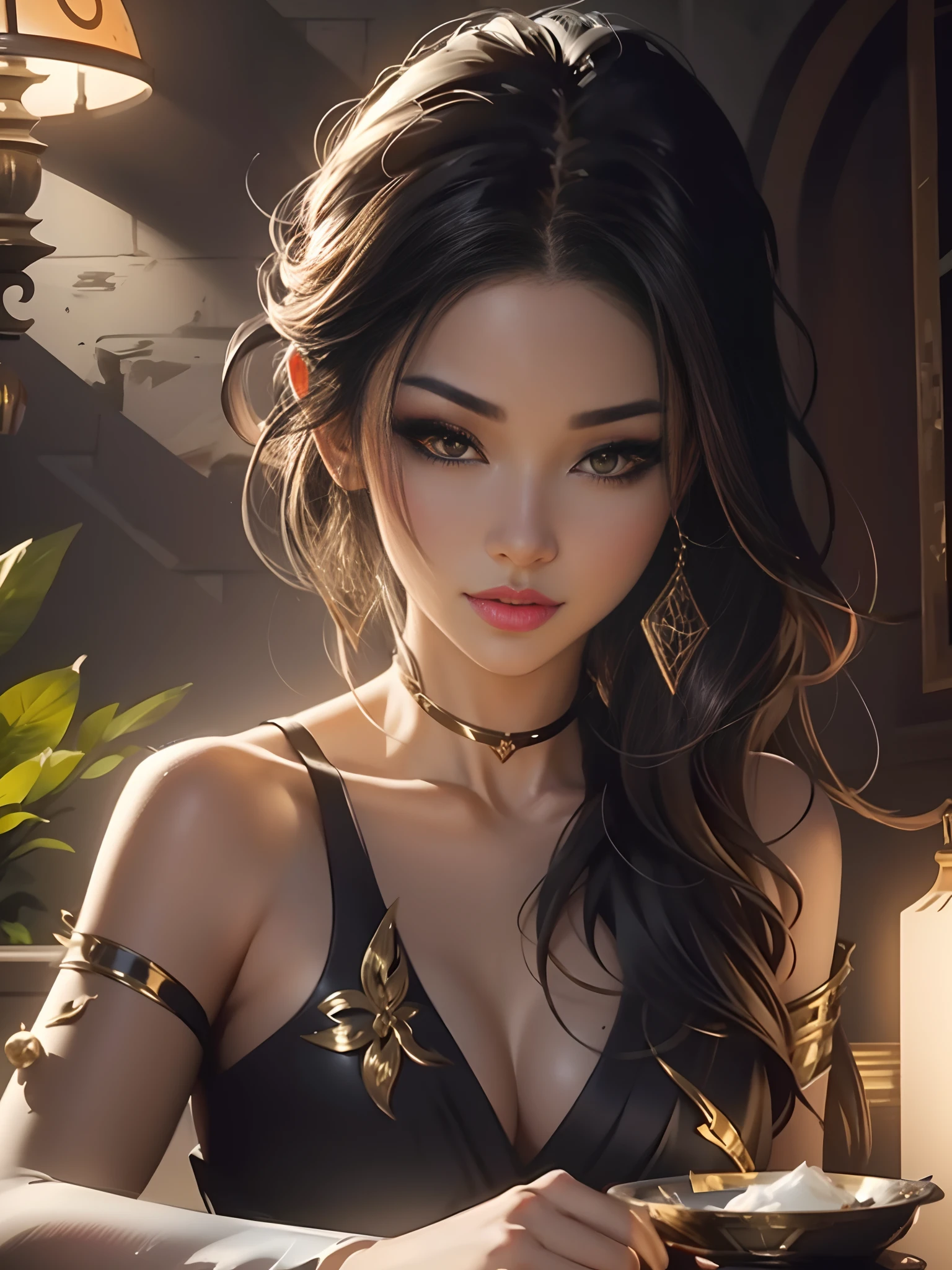 a close up of a woman in a black dress holding a plate, ig model | artgerm, artgerm. anime illustration, extremely detailed artgerm, beautiful alluring anime woman, style artgerm, like artgerm, style of artgerm, wlop | artgerm, fantasy art style