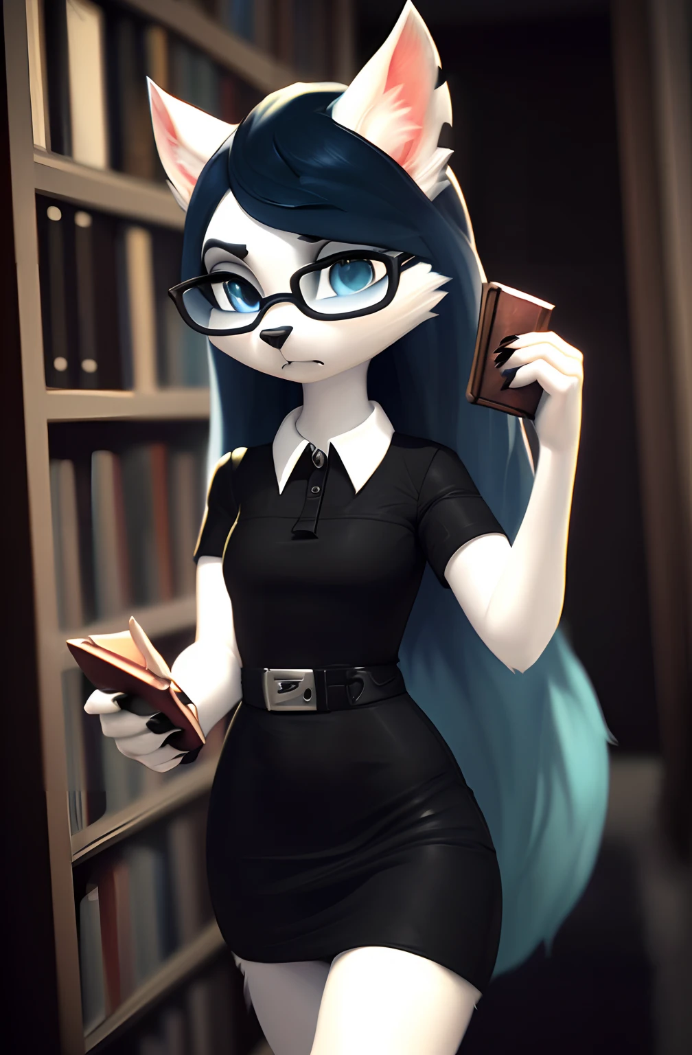 [Claire (the summoning)], [Uploaded to e621.net; (Pixelsketcher), (wamudraws)], ((masterpiece)), ((1girl)), ((solo portrait)), ((full body)), ((furry; anthro)), ((detailed fur)), ((detailed shading)), ((beautiful 3D art)), {anthro; (white fur, black nose), long blue hair, (bang over left eye), dark blue slit eyes, (black claws)}, {(short sleeve black white-collared shirt), (tight short bodycon dress), (white belt), (silver belt buckle)}, {(walking), (holding closed book at side), (holding up glasses on face)}, [background; (library), (bookshelf)]